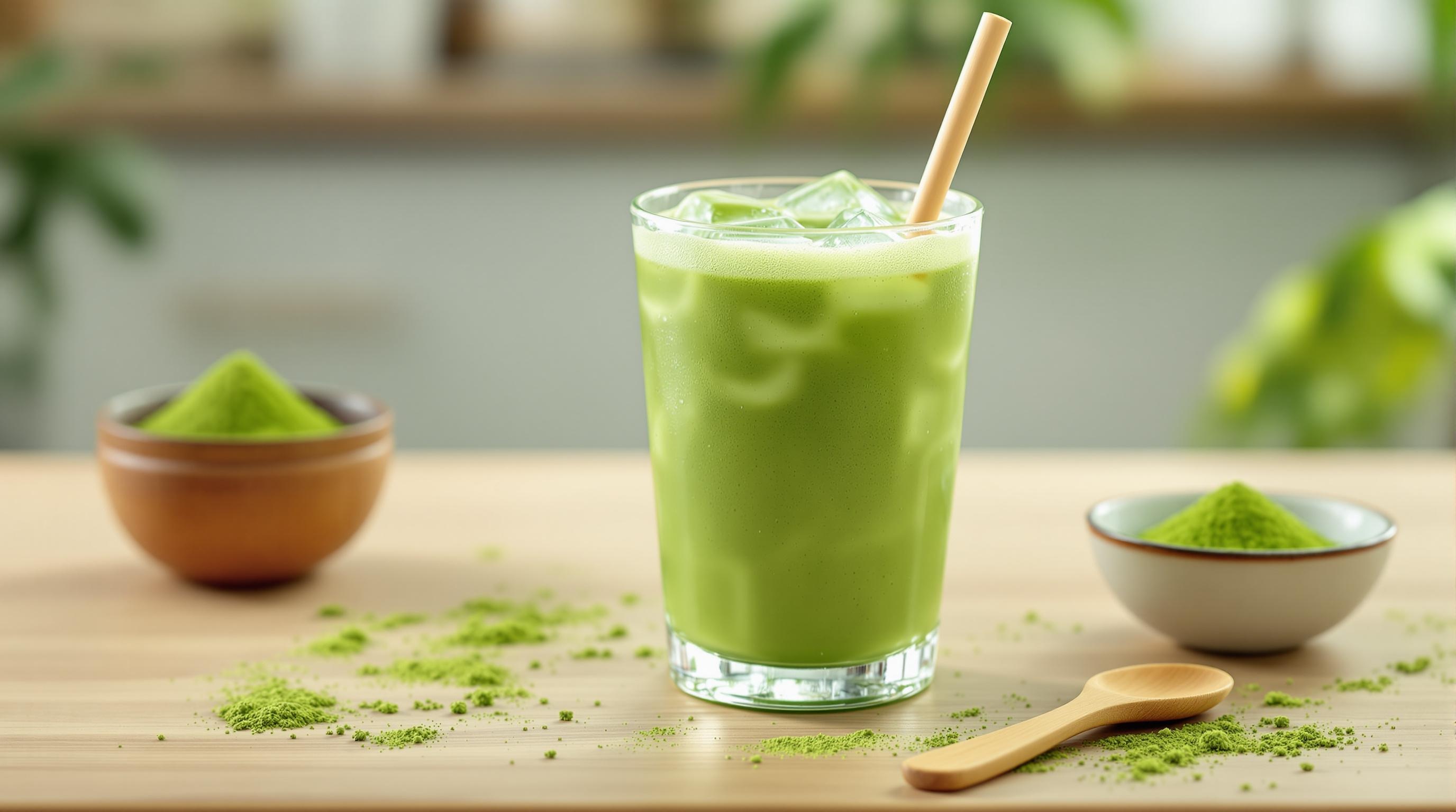 Verre de matcha glacé avec une paille, entouré de bols de poudre de matcha et d'une cuillère en bois sur une table en bois.