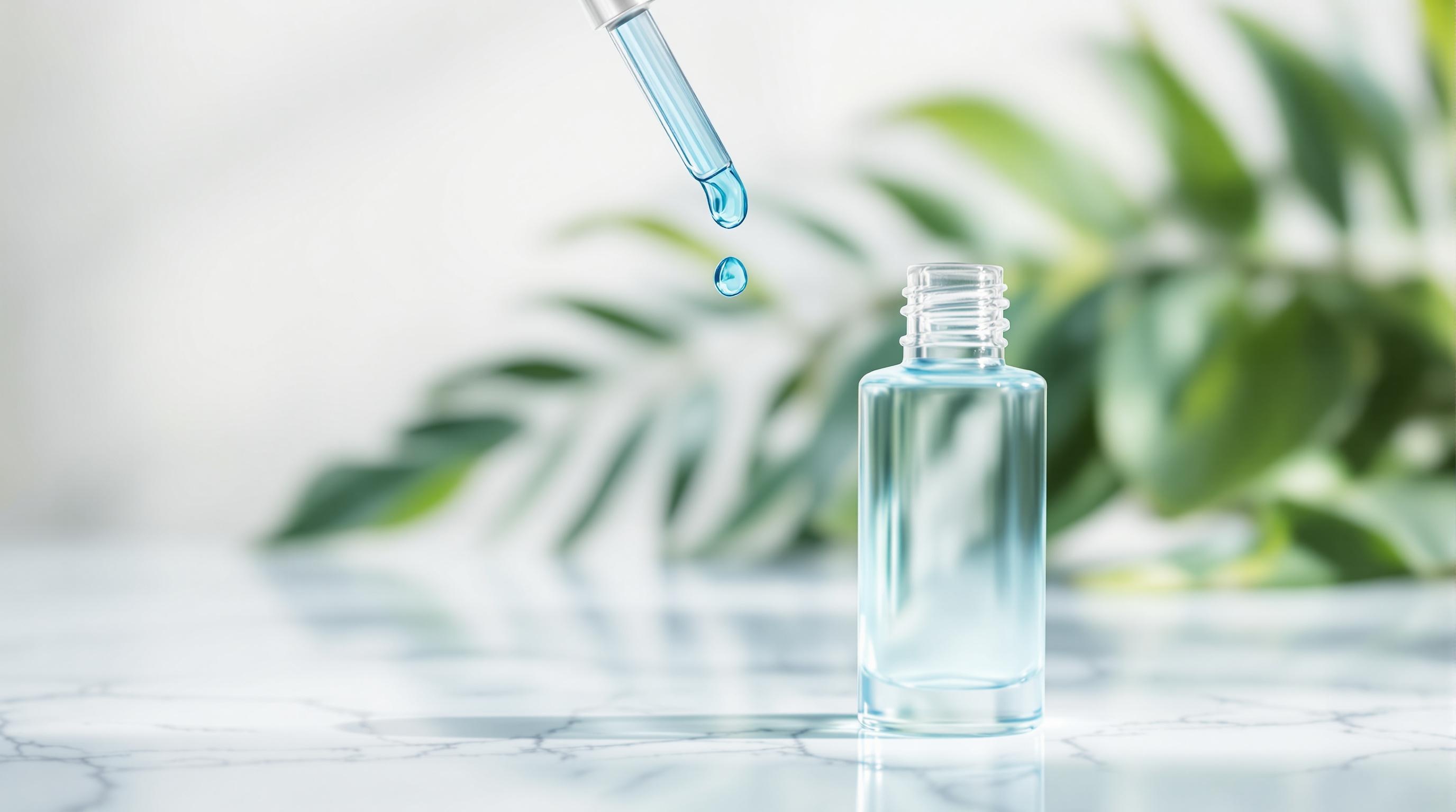 Pipette déposant des gouttes de sérum bleu dans un flacon en verre transparent, sur fond de feuilles vertes floues.