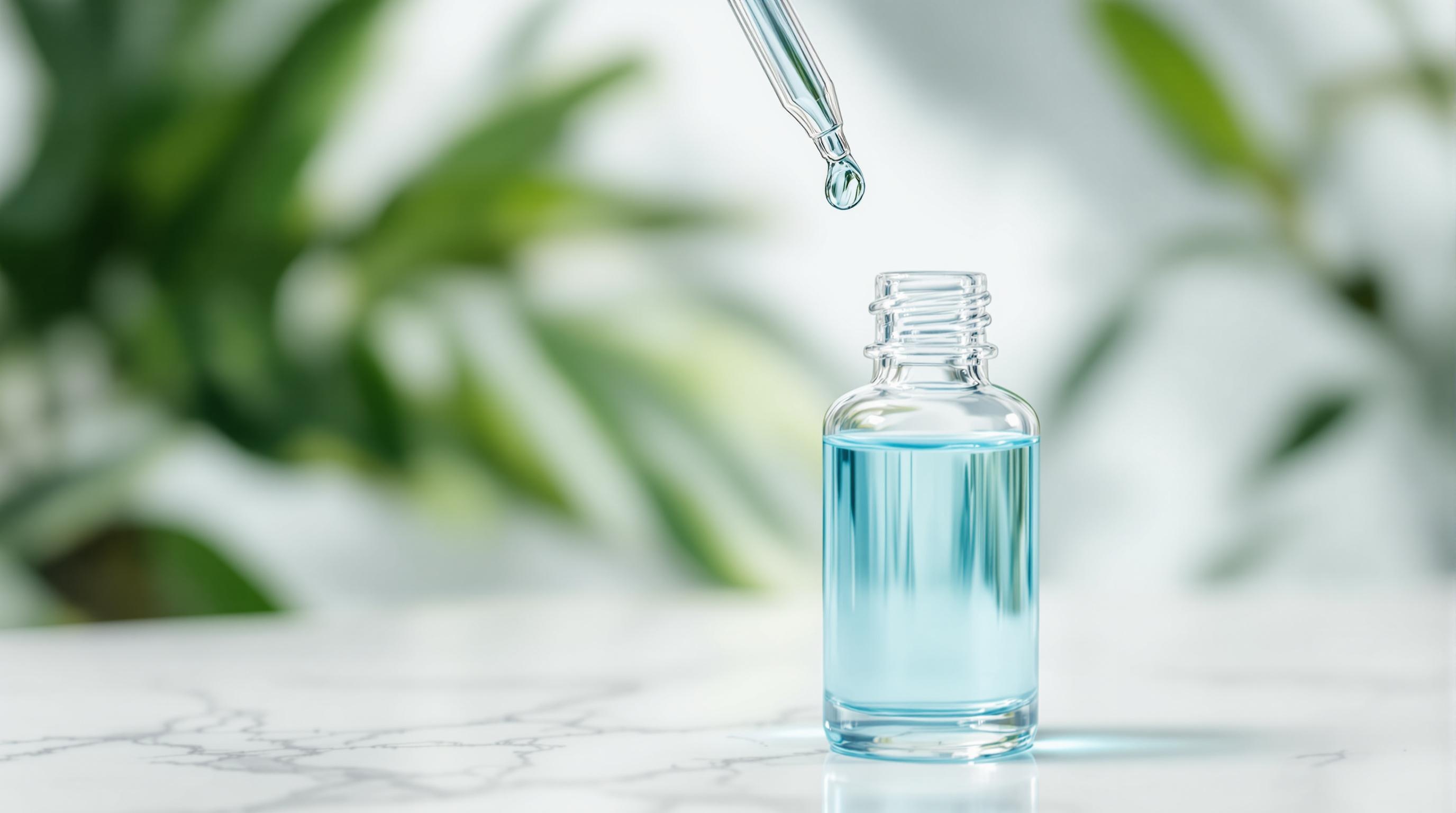 Un flacon compte-gouttes en verre contenant un liquide bleu, avec une pipette déposant une goutte, posé sur une surface en marbre et un fond flou de feuilles vertes.