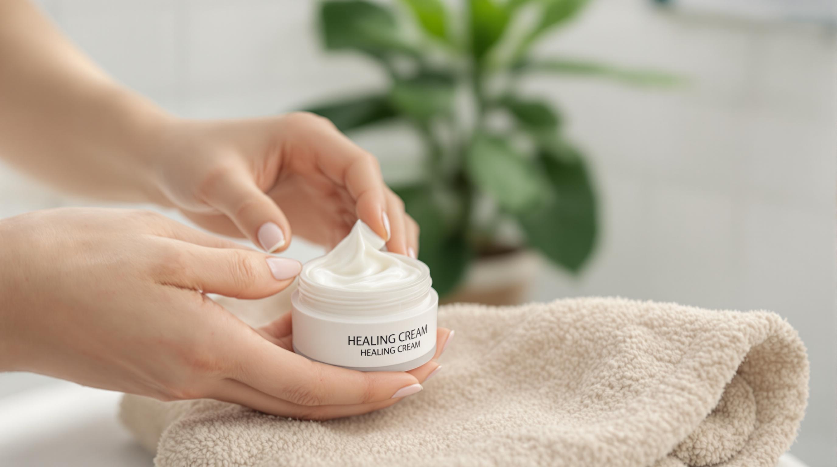 Mains prélevant de la crème dans un pot blanc étiqueté 