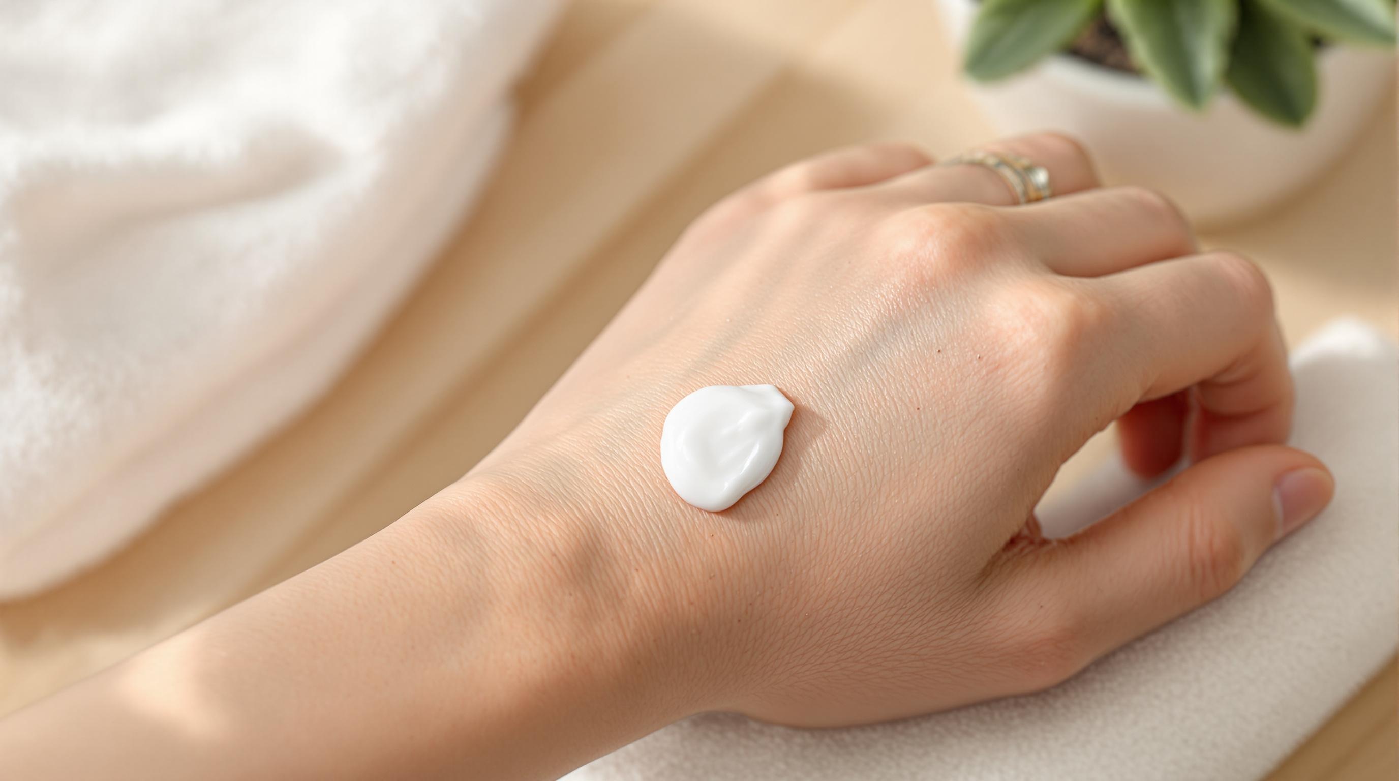 Crème blanche déposée sur le dos d'une main.