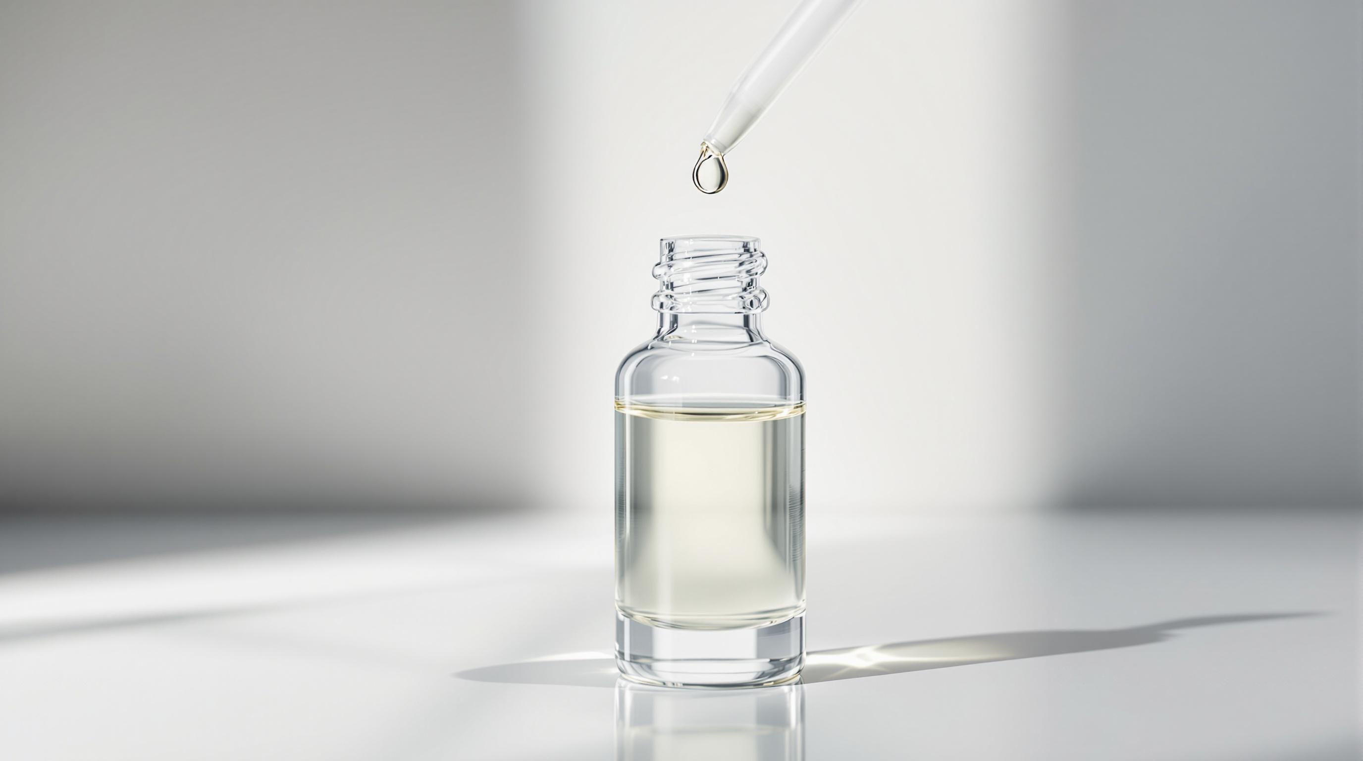 Flacon en verre transparent contenant un liquide clair, avec une pipette au-dessus laissant tomber une goutte.