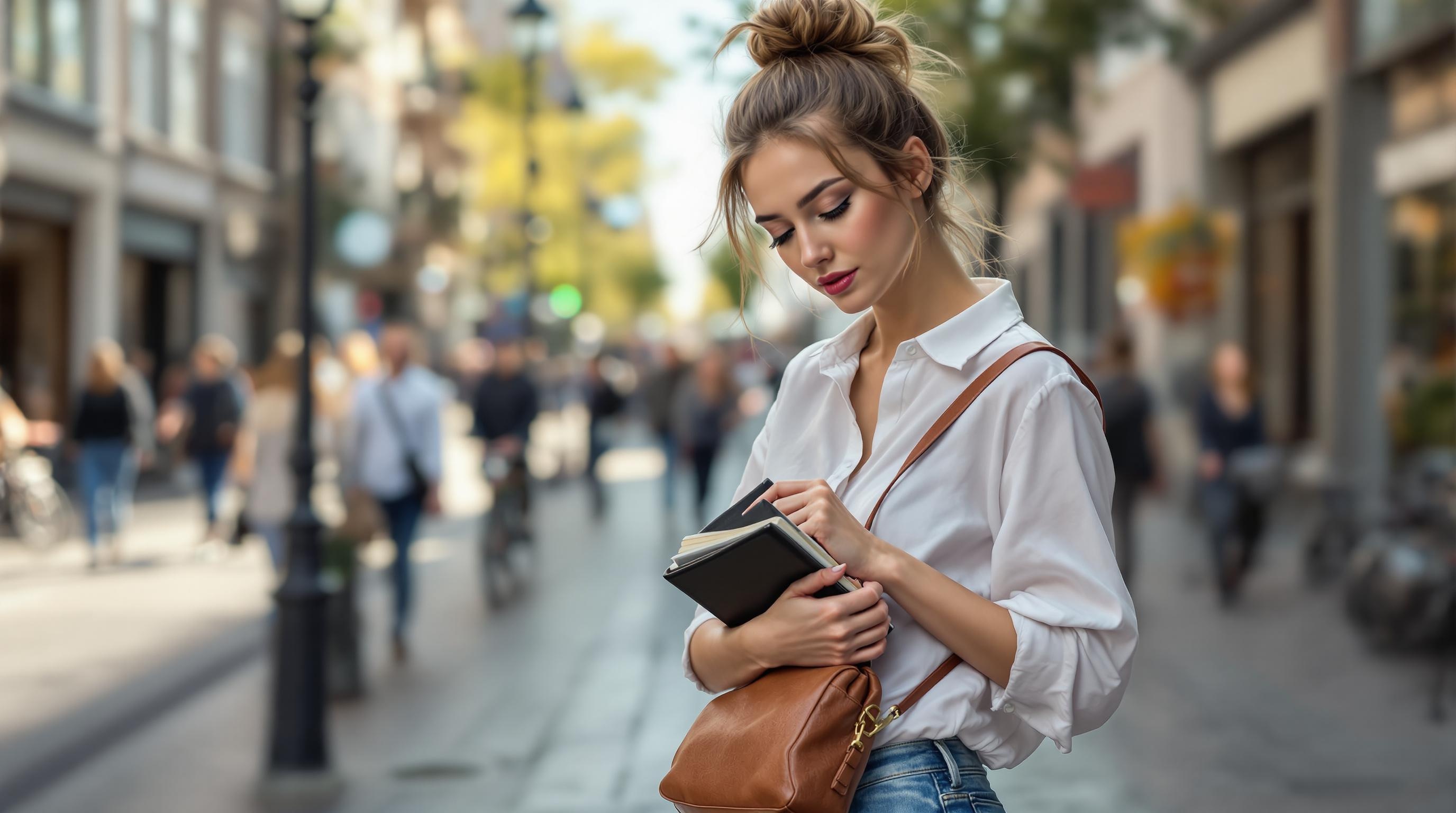 Jeune femme aux cheveux relevés, habillée d'une chemise blanche, tenant un carnet et un sac marron, marchant dans une rue citadine animée.