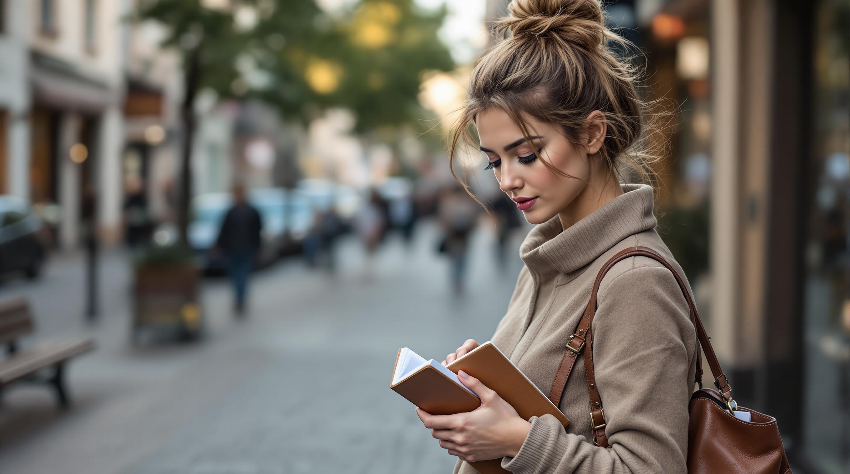 Jeune femme lisant un carnet dans une rue de ville, portant un manteau beige et un sac marron, avec les cheveux relevés en chignon.