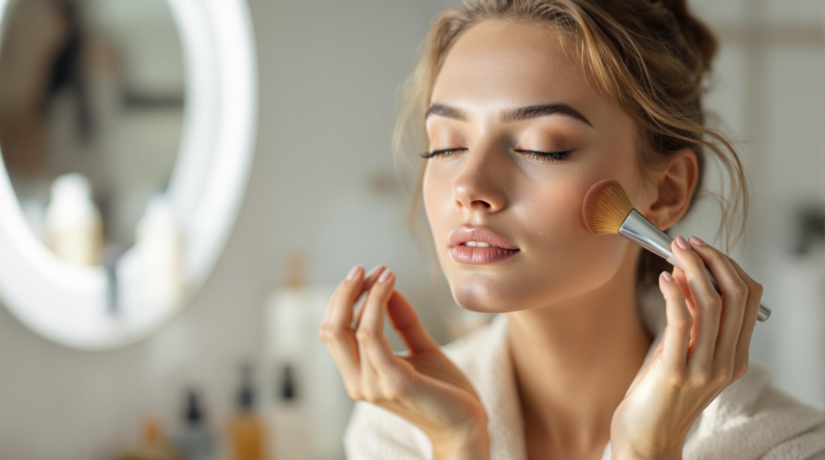 Femme appliquant du maquillage sur sa joue avec un pinceau dans une salle de bain.