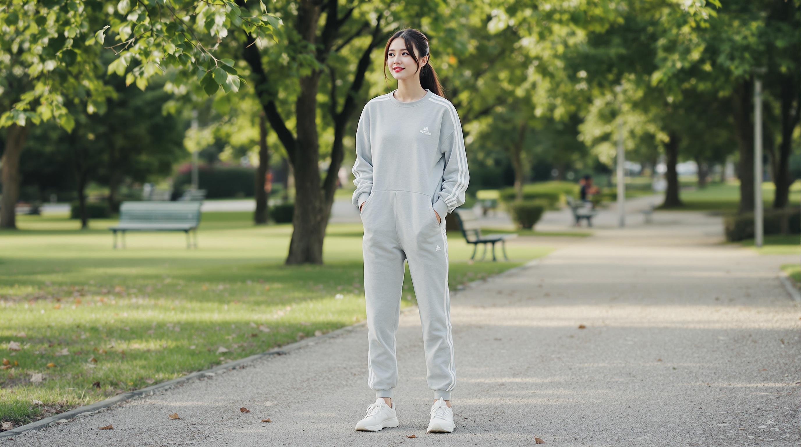 Femme debout dans un parc, portant un survêtement gris et des baskets blanches.
