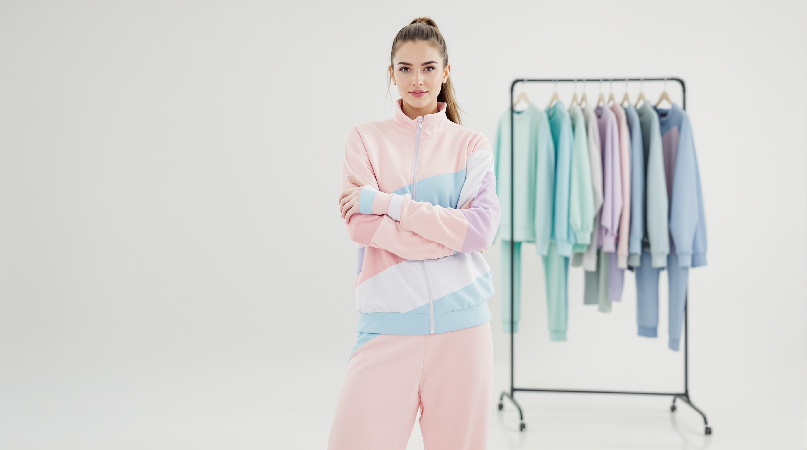 Femme portant un survêtement pastel, bras croisés, devant un portant de vêtements colorés.