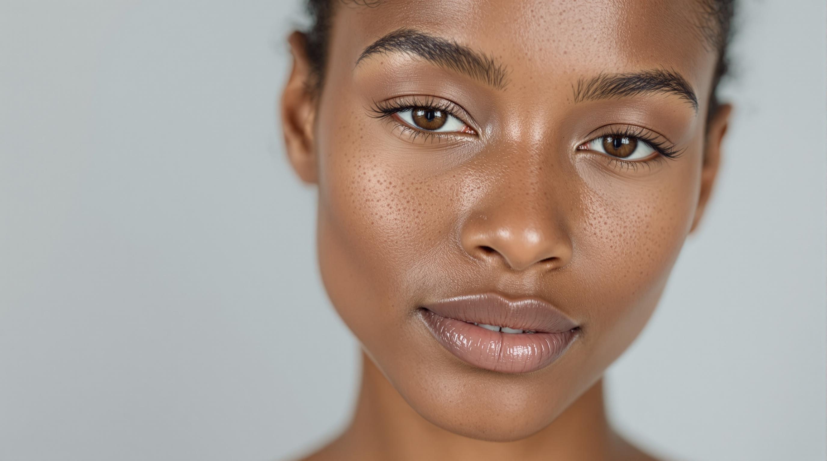 Gros plan sur le visage d'une femme à la peau sombre et lumineuse, avec des taches de rousseur, des sourcils épais et des lèvres brillantes, sur fond neutre.