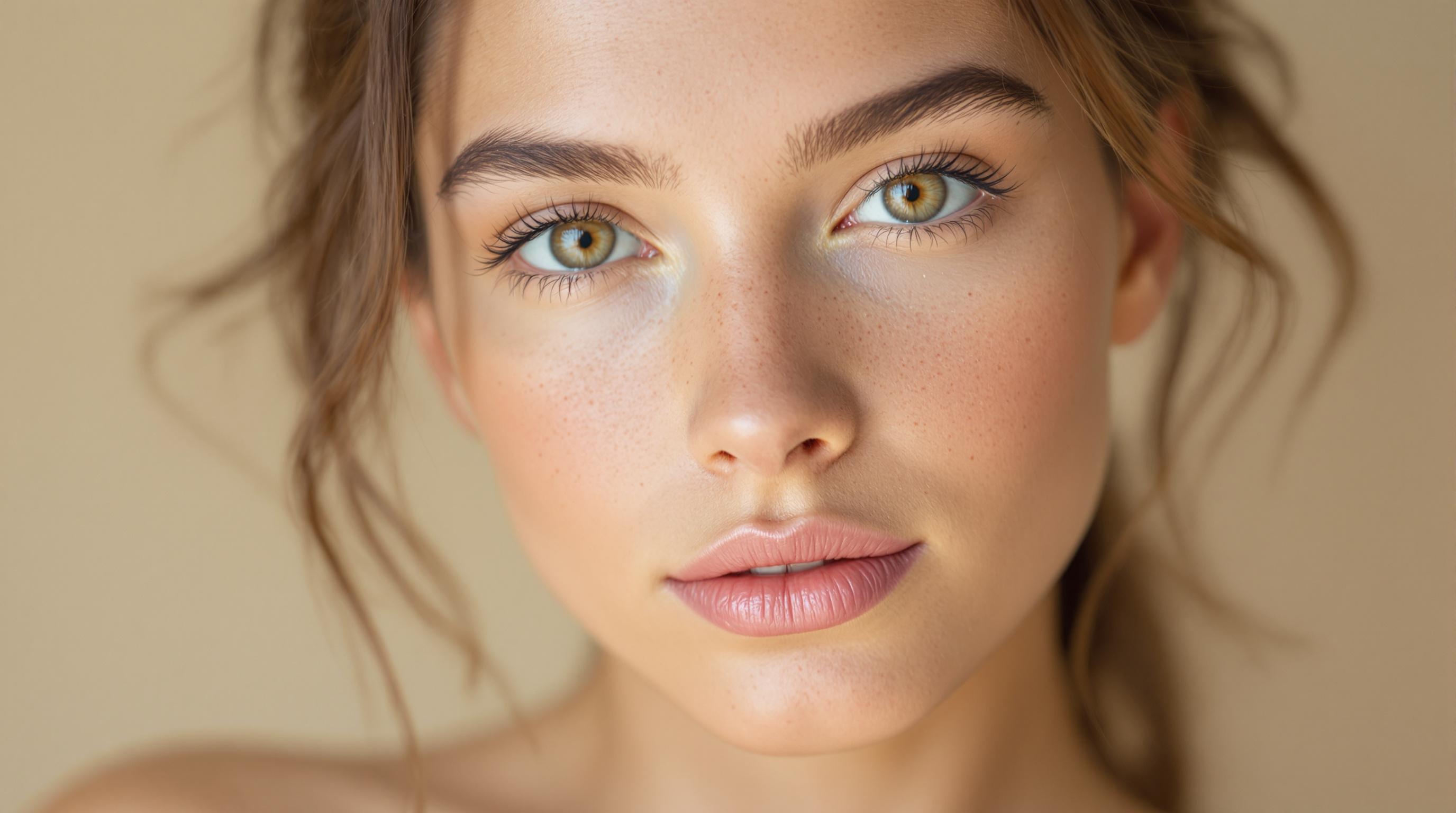 Portrait rapproché d'une jeune femme au teint clair, avec des yeux verts, des lèvres roses et des taches de rousseur, sur fond neutre.