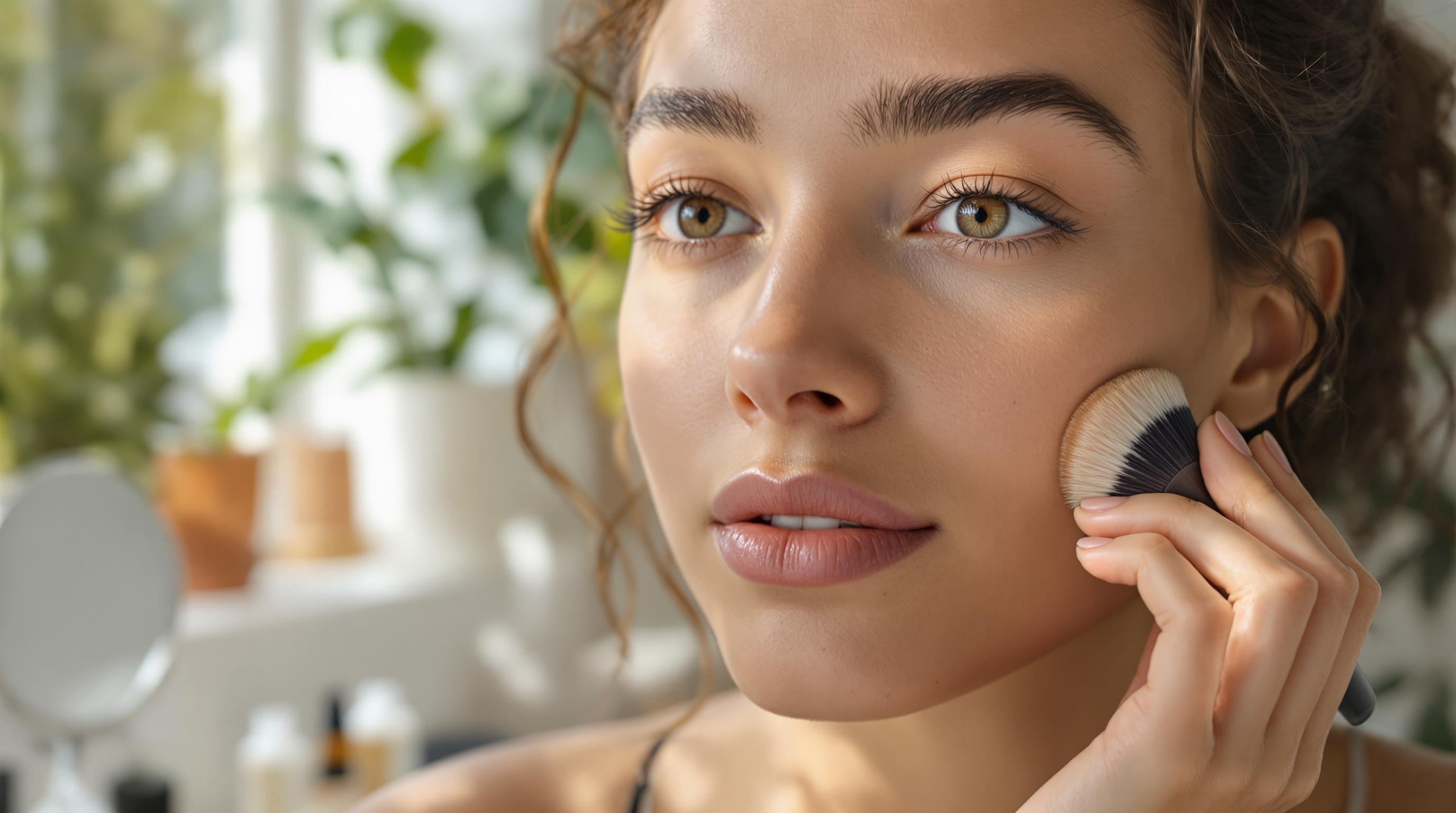Femme appliquant du maquillage sur son visage avec un pinceau.