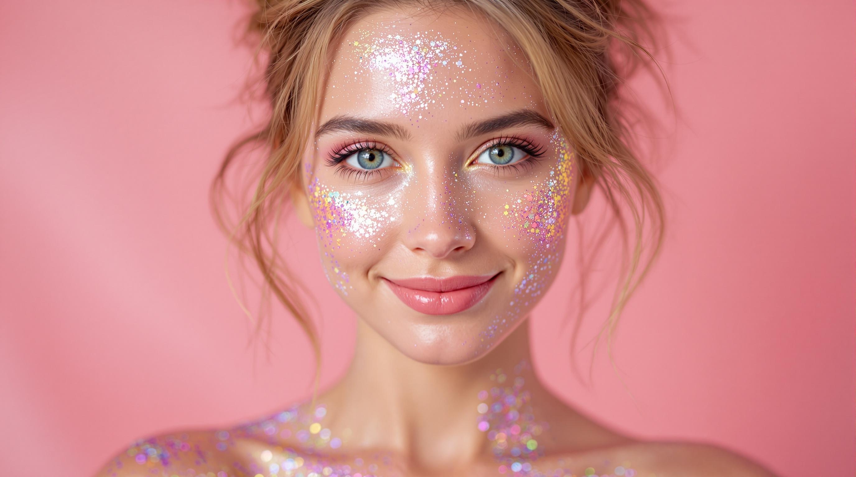 Femme souriante avec des paillettes colorées sur le visage et les épaules, fond rose.