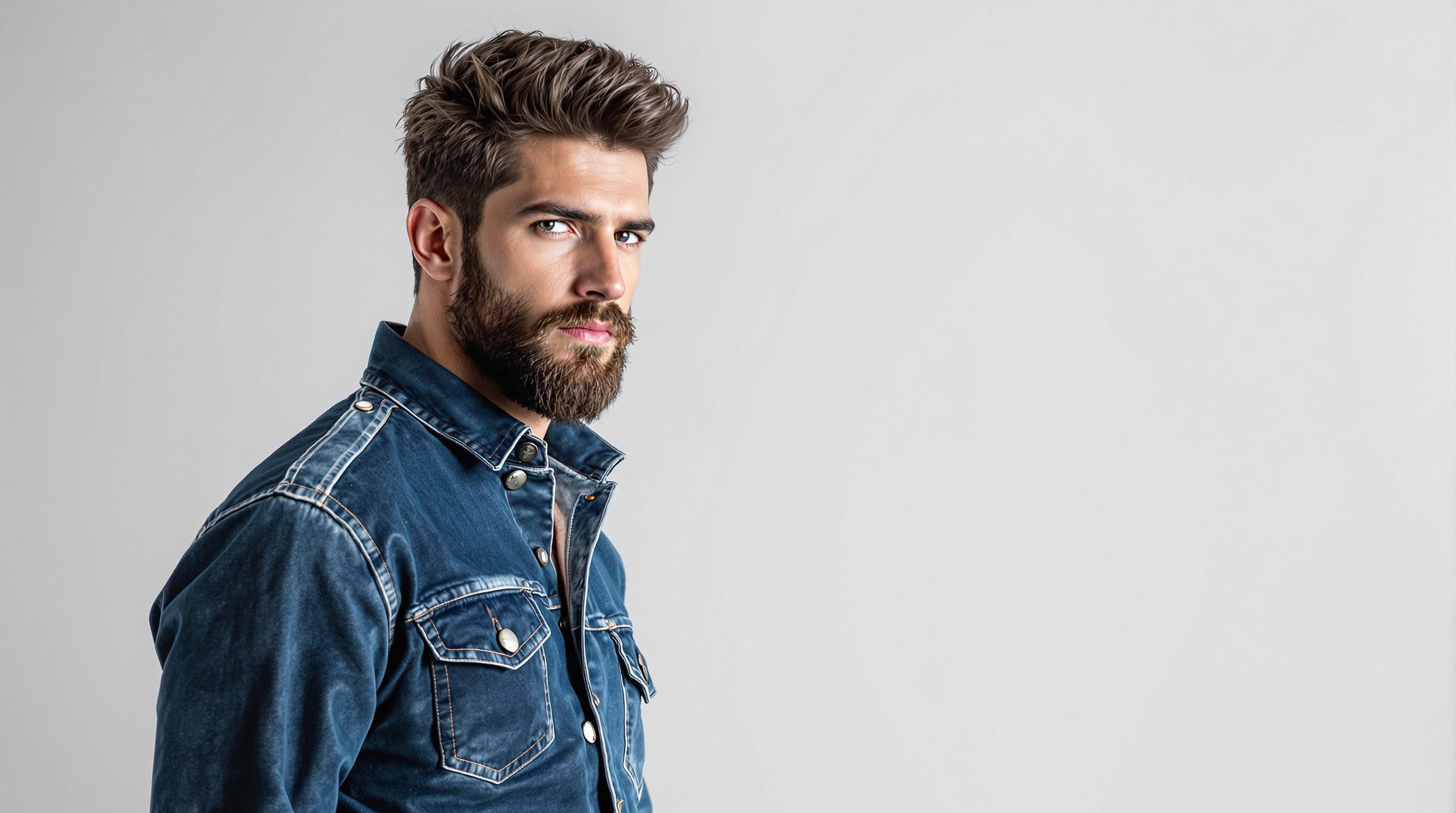 Hombre barbudo con el pelo castaño peinado, vestido con camisa vaquera, posa de perfil sobre un fondo gris.