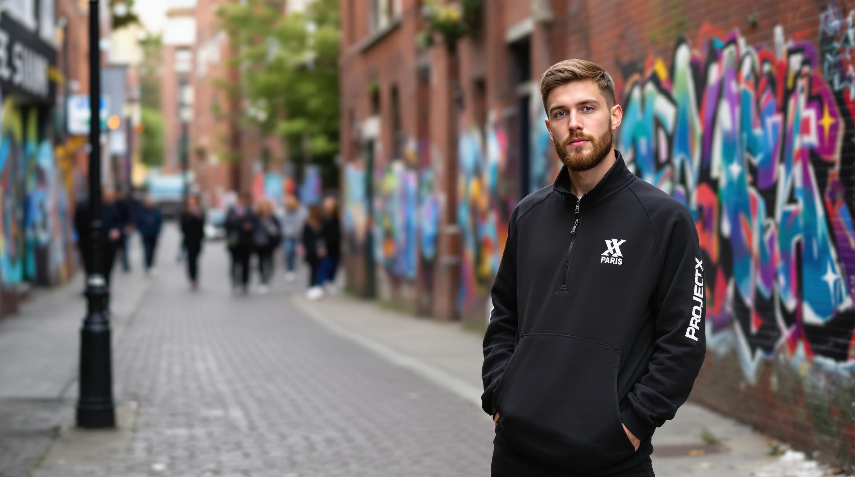 Un homme barbu portant un sweat noir avec les mots 