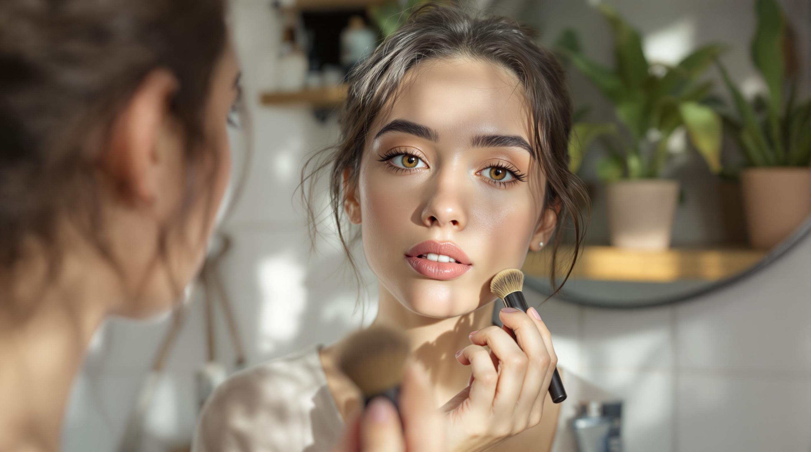 Jeune femme se maquillant devant un miroir avec un pinceau, lumière naturelle et plantes en arrière-plan.