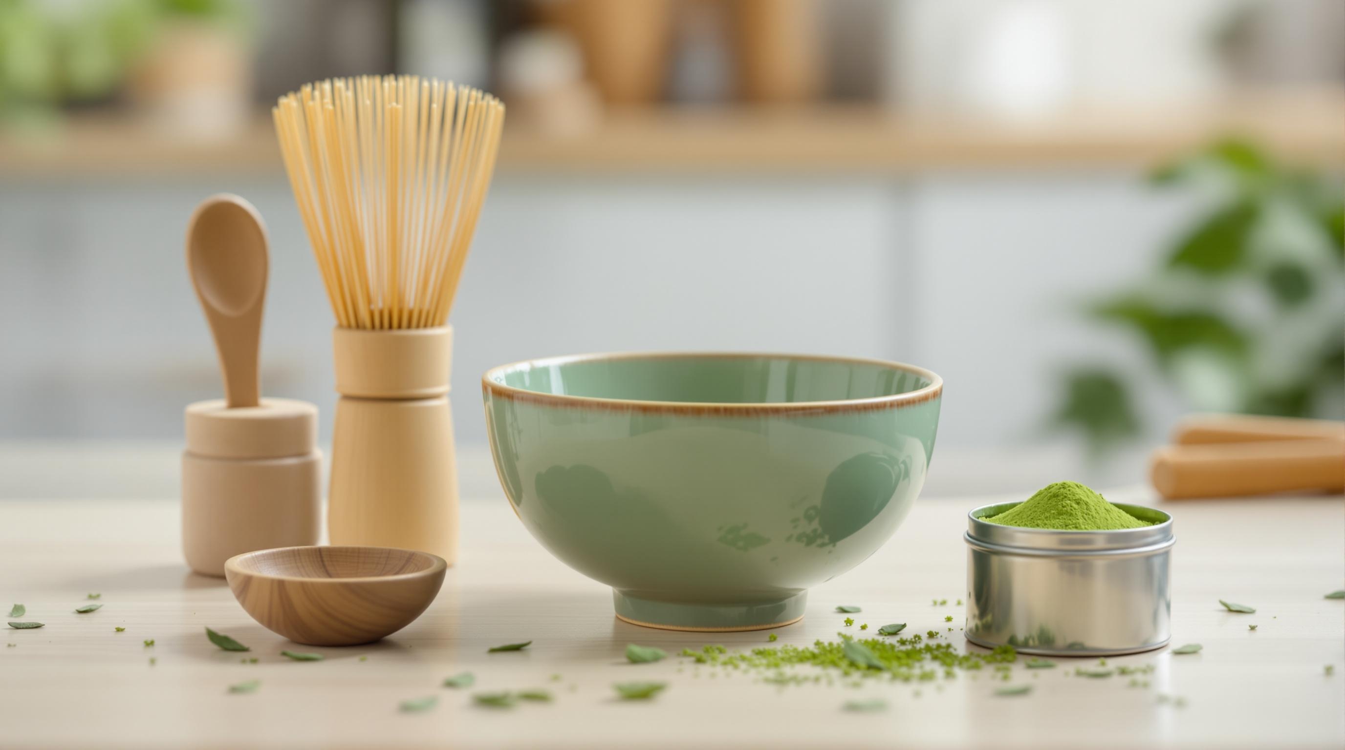 Ustensiles et accessoires pour la préparation du matcha, dont un fouet en bambou (chasen), une cuillère en bois (chashaku), un bol vert, un petit récipient métallique rempli de poudre de matcha et quelques feuilles vertes émiettées sur une table.