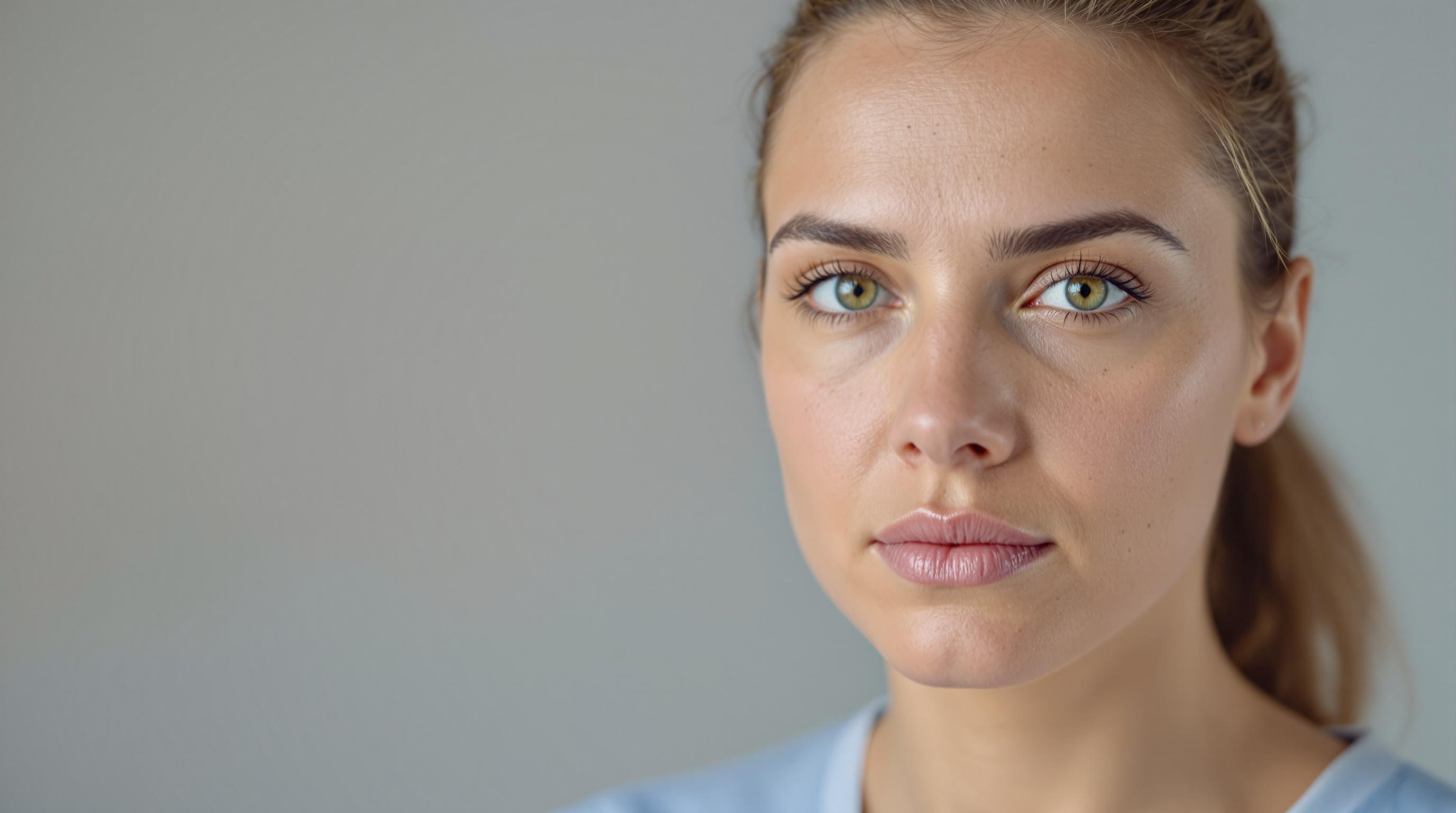 Portrait d'une jeune femme au regard sérieux, sur fond neutre.