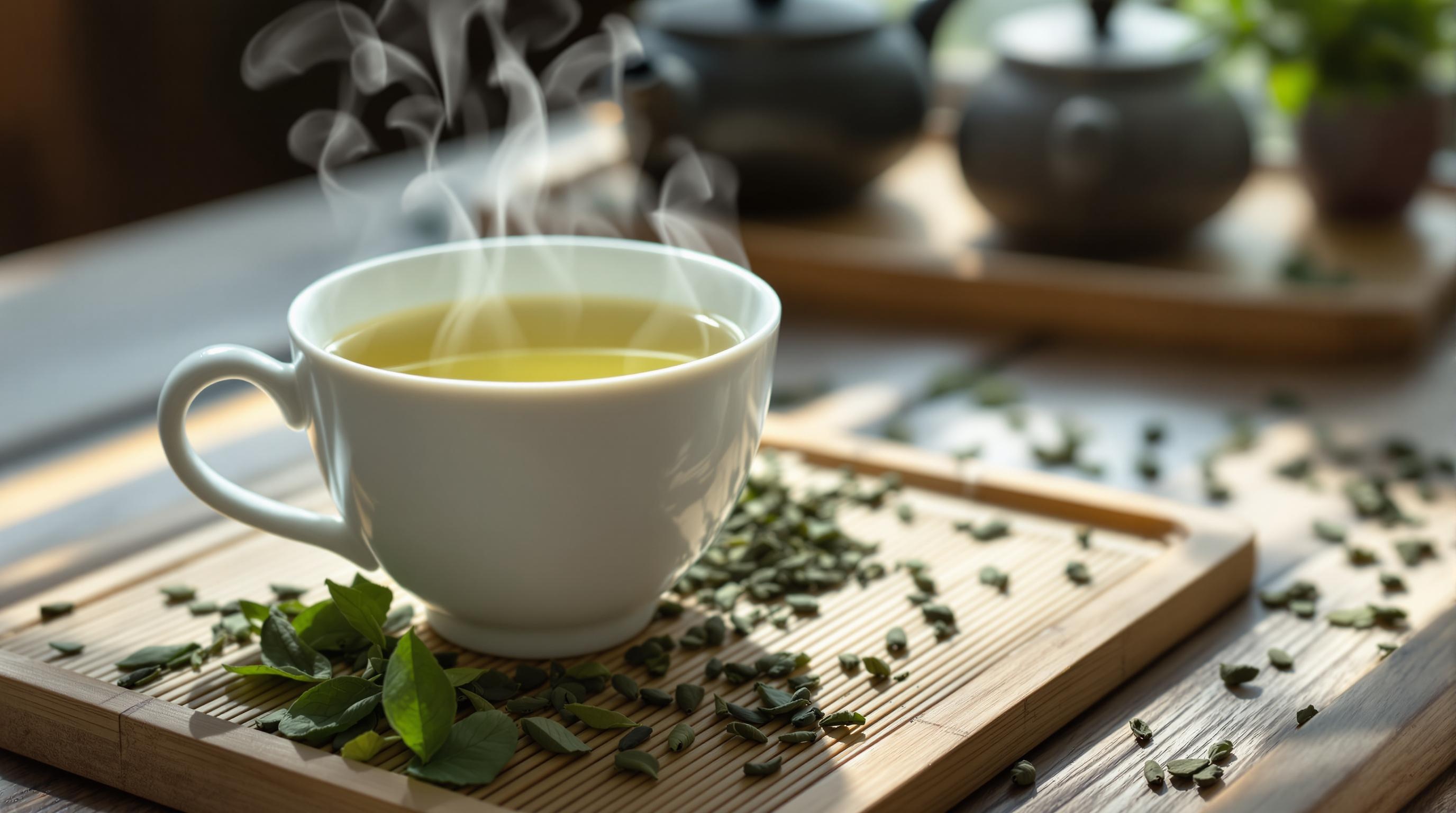 Une tasse de thé vert fumant posée sur un plateau en bois, entourée de feuilles de thé fraîches et sèches.