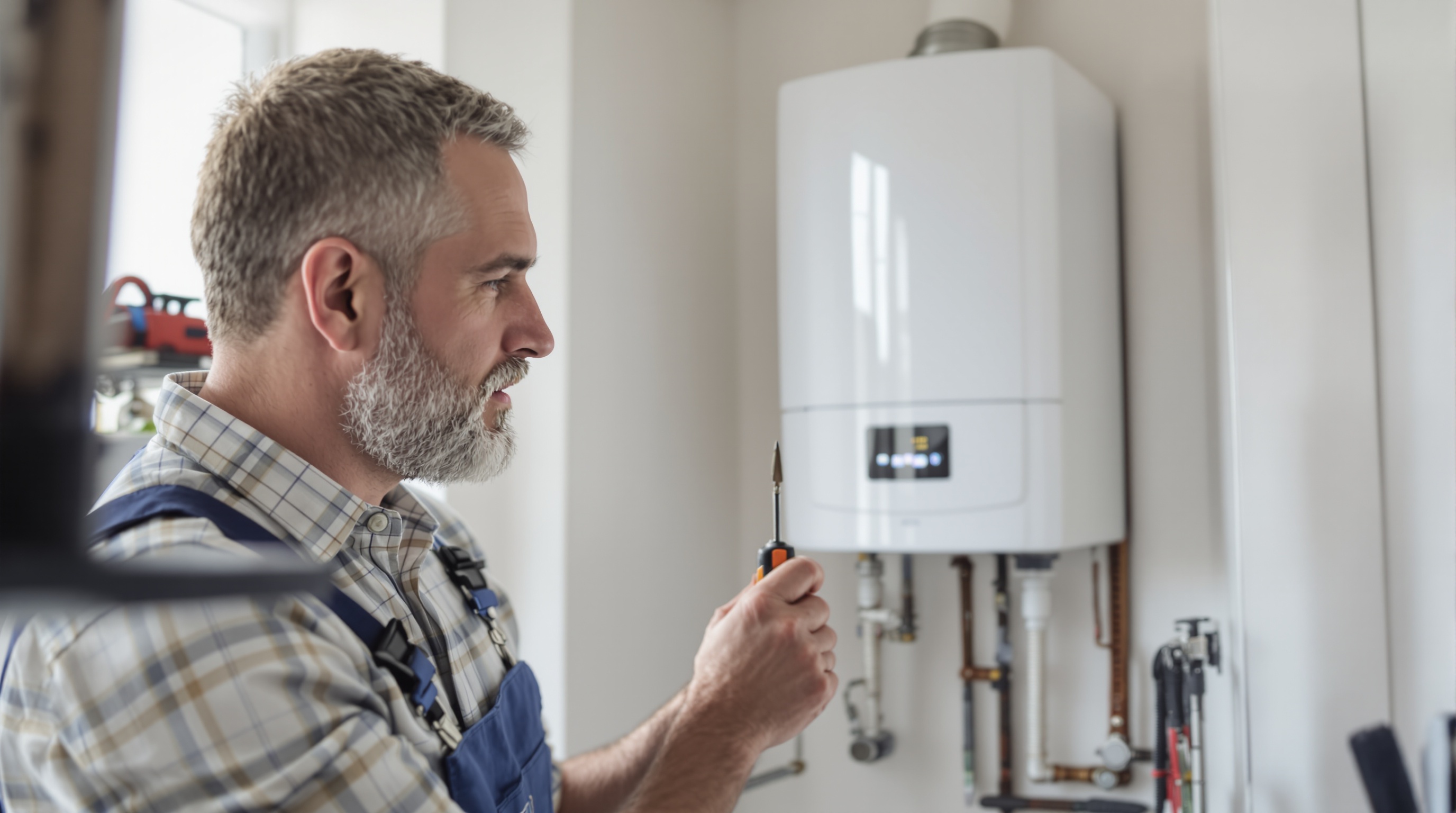 Homme en tenue de travail vérifiant ou réparant une chaudière murale avec un tournevis.