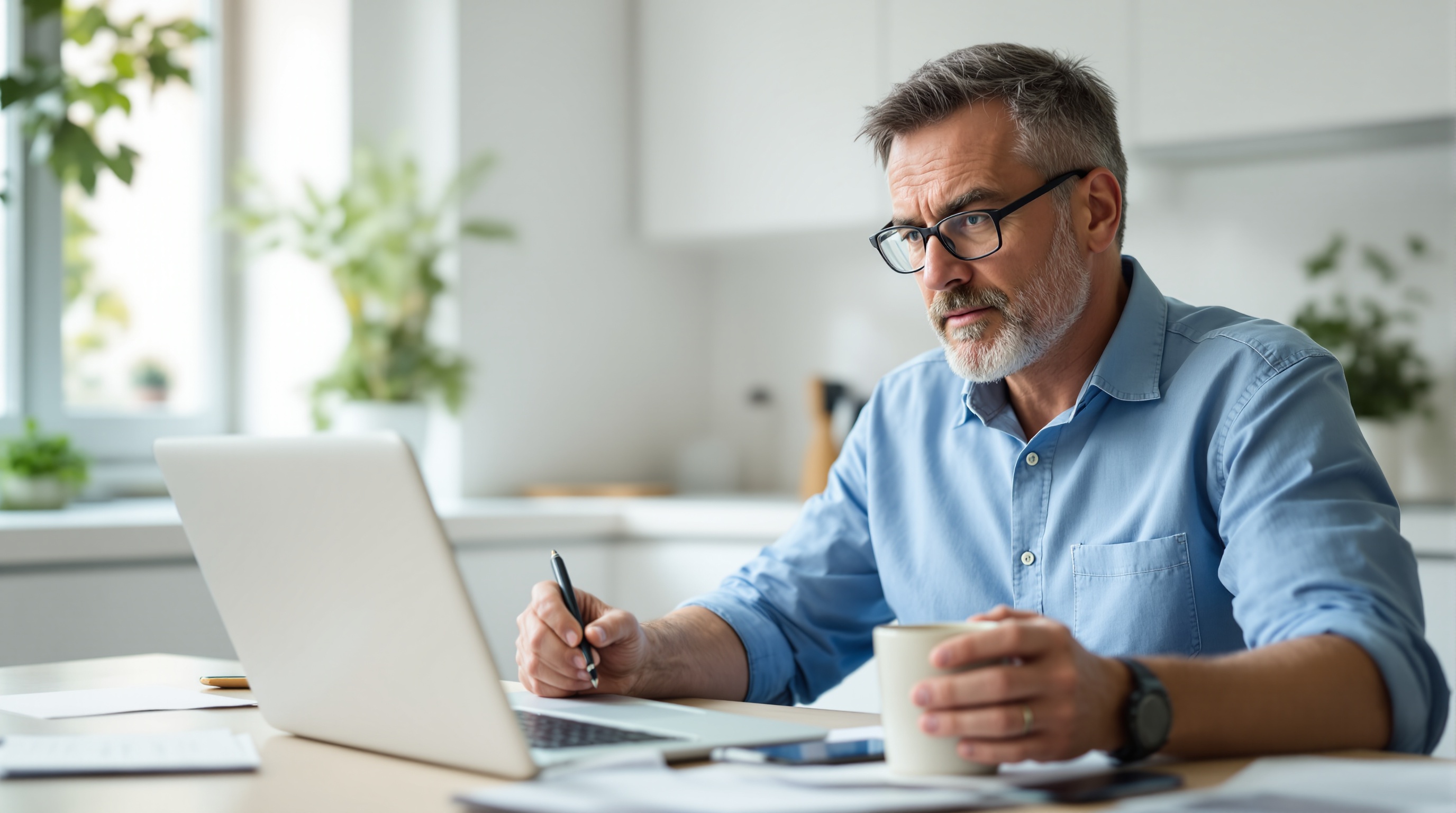 Homme mûr avec des lunettes travaillant sur un ordinateur portable à la maison, tenant une tasse et un stylo, concentré sur l'écran.