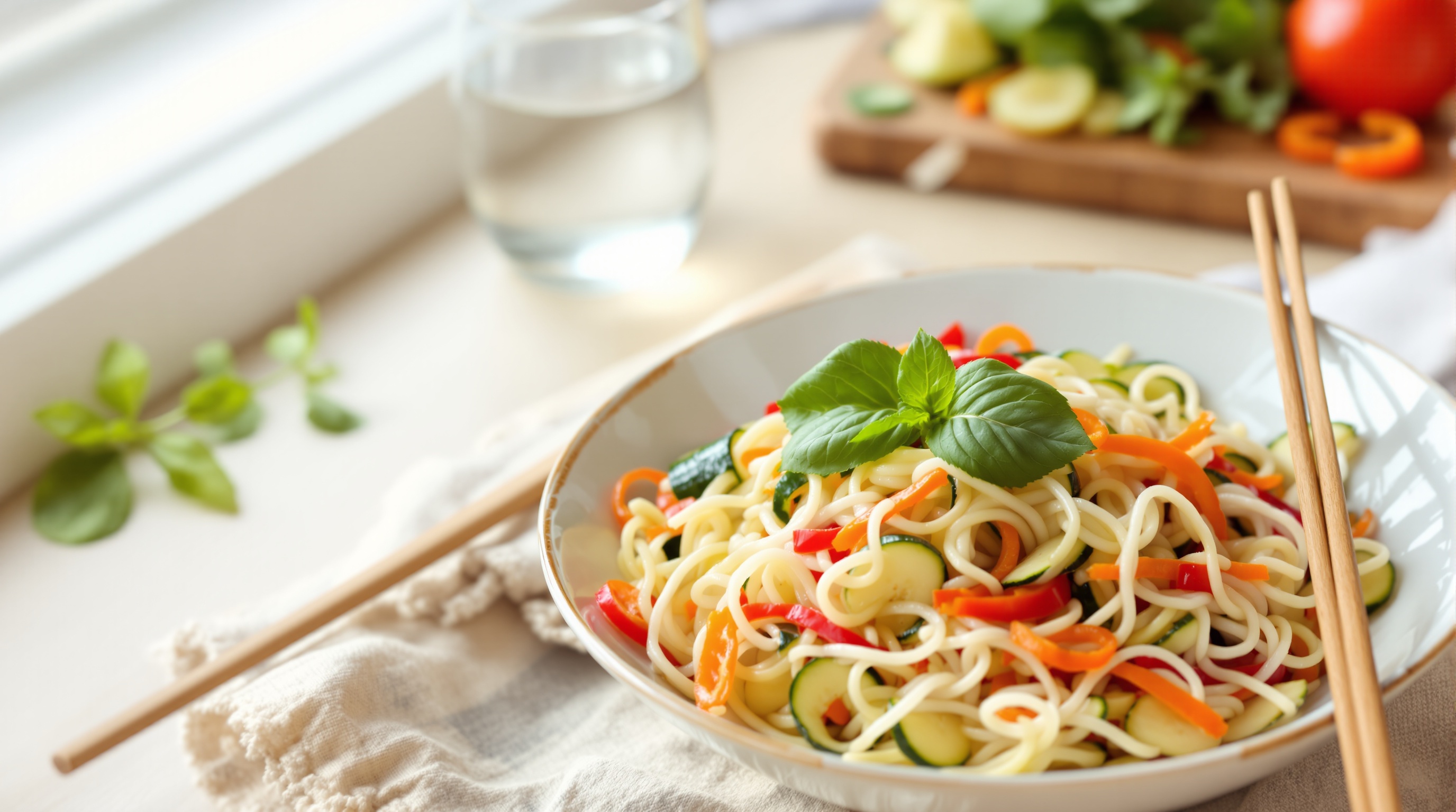 Assiette de nouilles sautées avec des légumes colorés et des baguettes, décorée de feuilles de basilic.