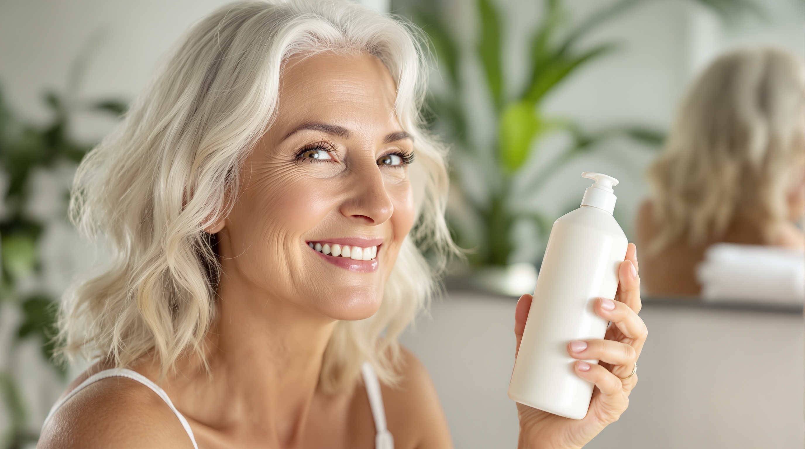 Femme souriante aux cheveux gris tenant un flacon de lotion devant un miroir.