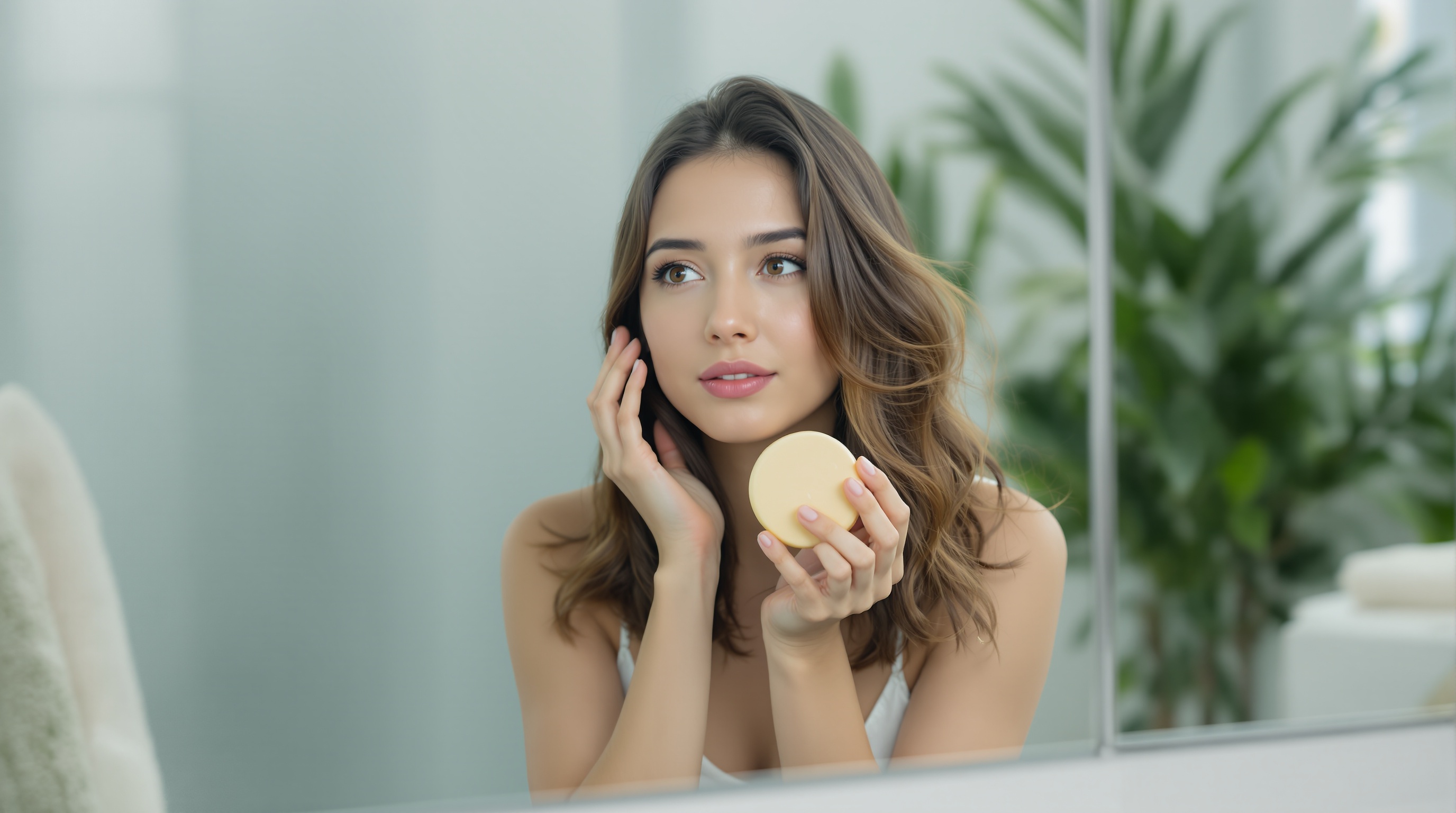 Femme jeune devant un miroir tenant un savon rond et se touchant le visage, dans une salle de bain lumineuse avec des plantes.