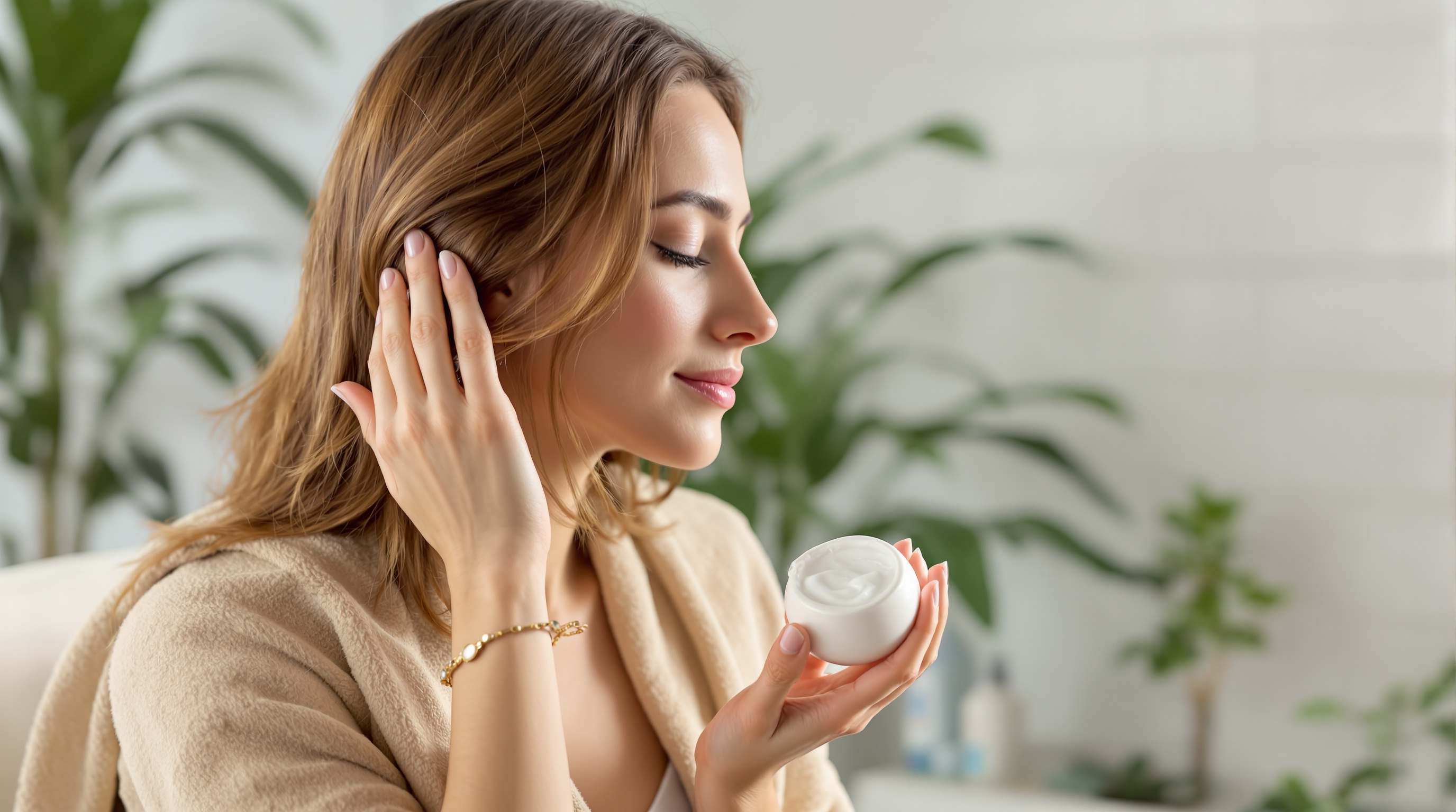 Femme souriante appliquant de la crème hydratante sur son visage dans une salle de bain lumineuse avec des plantes en arrière-plan.