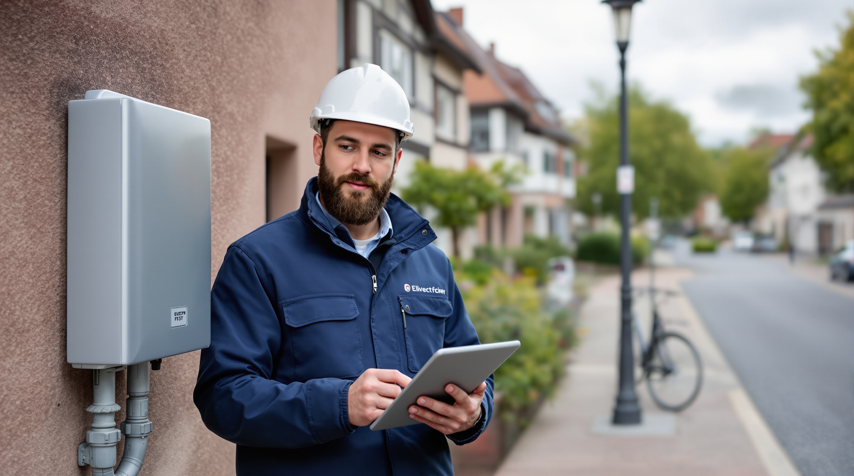 Un électricien portant un casque de sécurité et une veste bleue utilise une tablette devant un boîtier électrique fixé au mur, dans une rue résidentielle.