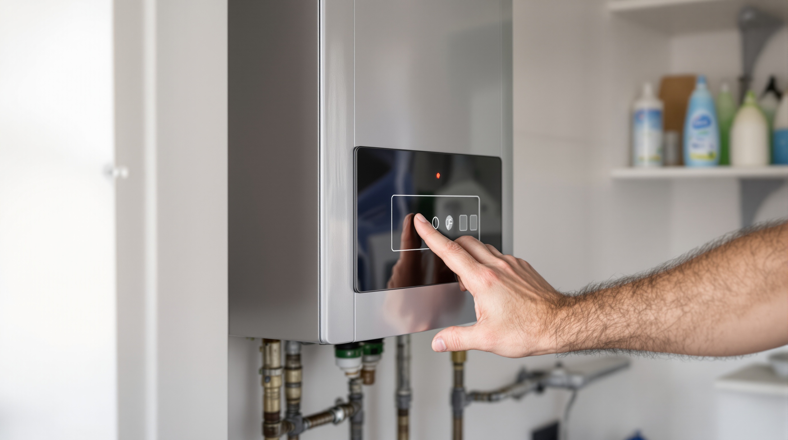 Une main règle la température sur un panneau de contrôle d'une chaudière murale moderne.