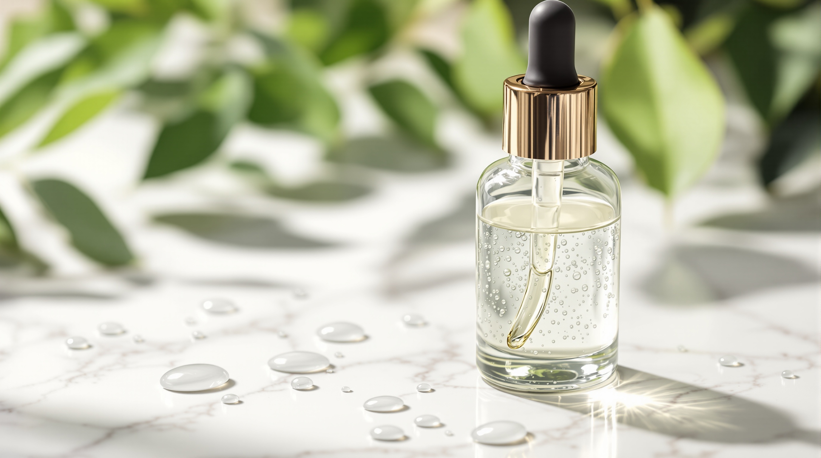 Flacon compte-gouttes en verre transparent avec liquide et bulles à l'intérieur, posé sur une surface en marbre blanc, entouré de petites gouttes d'eau, avec des feuilles vertes floues en arrière-plan.