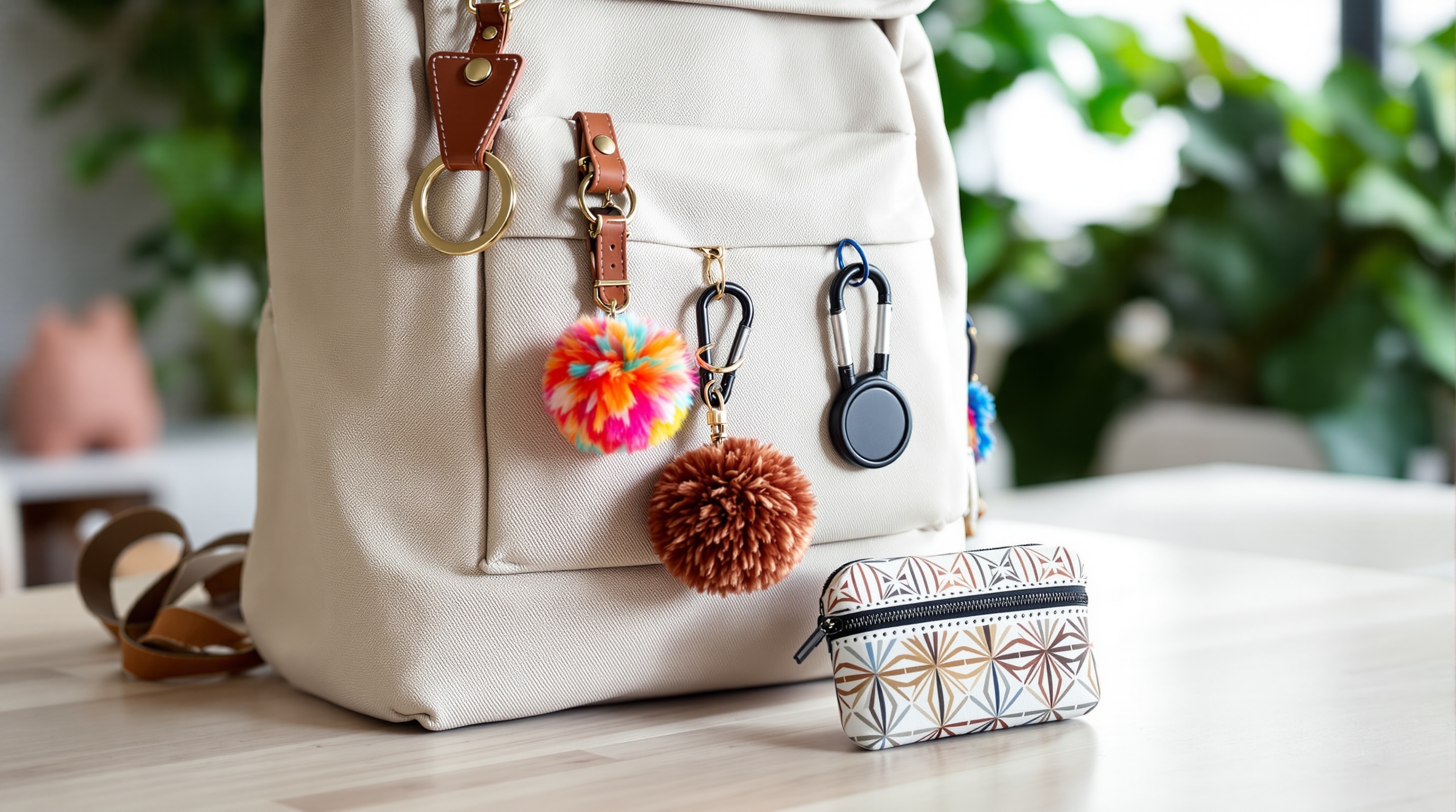 Sac à dos beige avec des porte-clés pompons colorés et une petite trousse à motifs géométriques sur une table en bois.