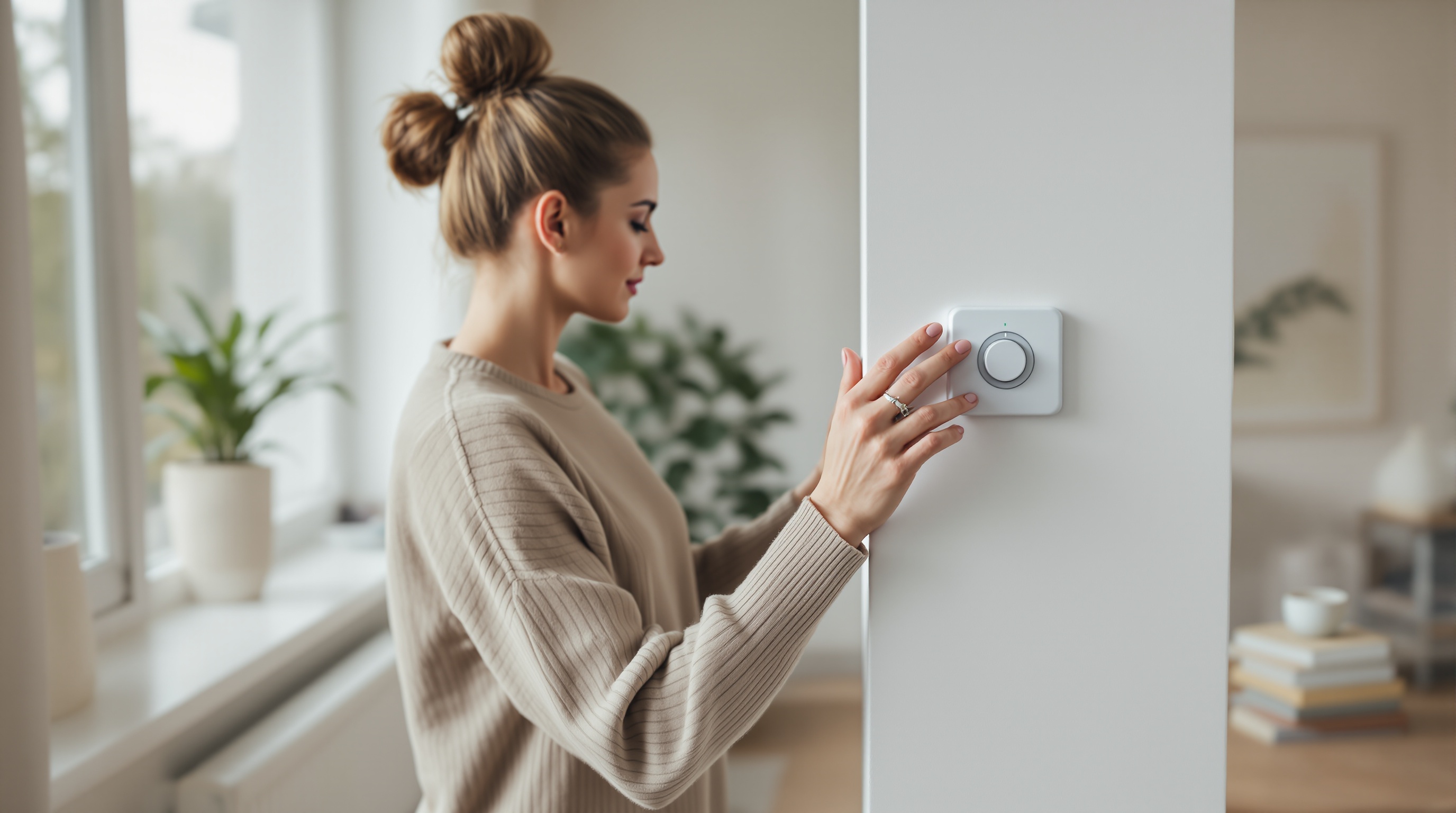 Femme réglant un thermostat mural dans un intérieur lumineux.