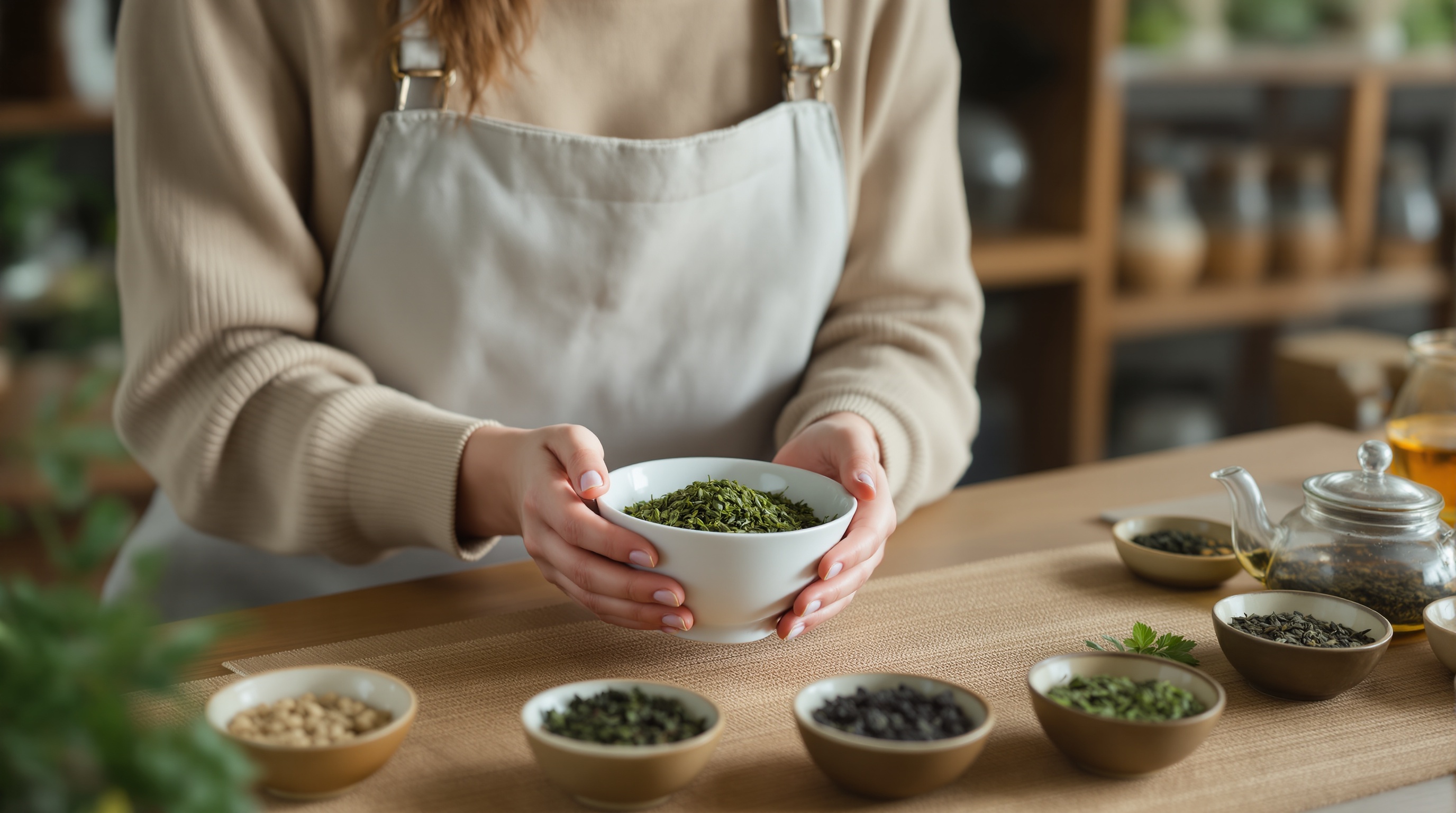 Une personne portant un tablier tient un bol blanc rempli de feuilles de thé vert, avec plusieurs autres bols de différents types de feuilles et une théière en verre sur la table devant elle.