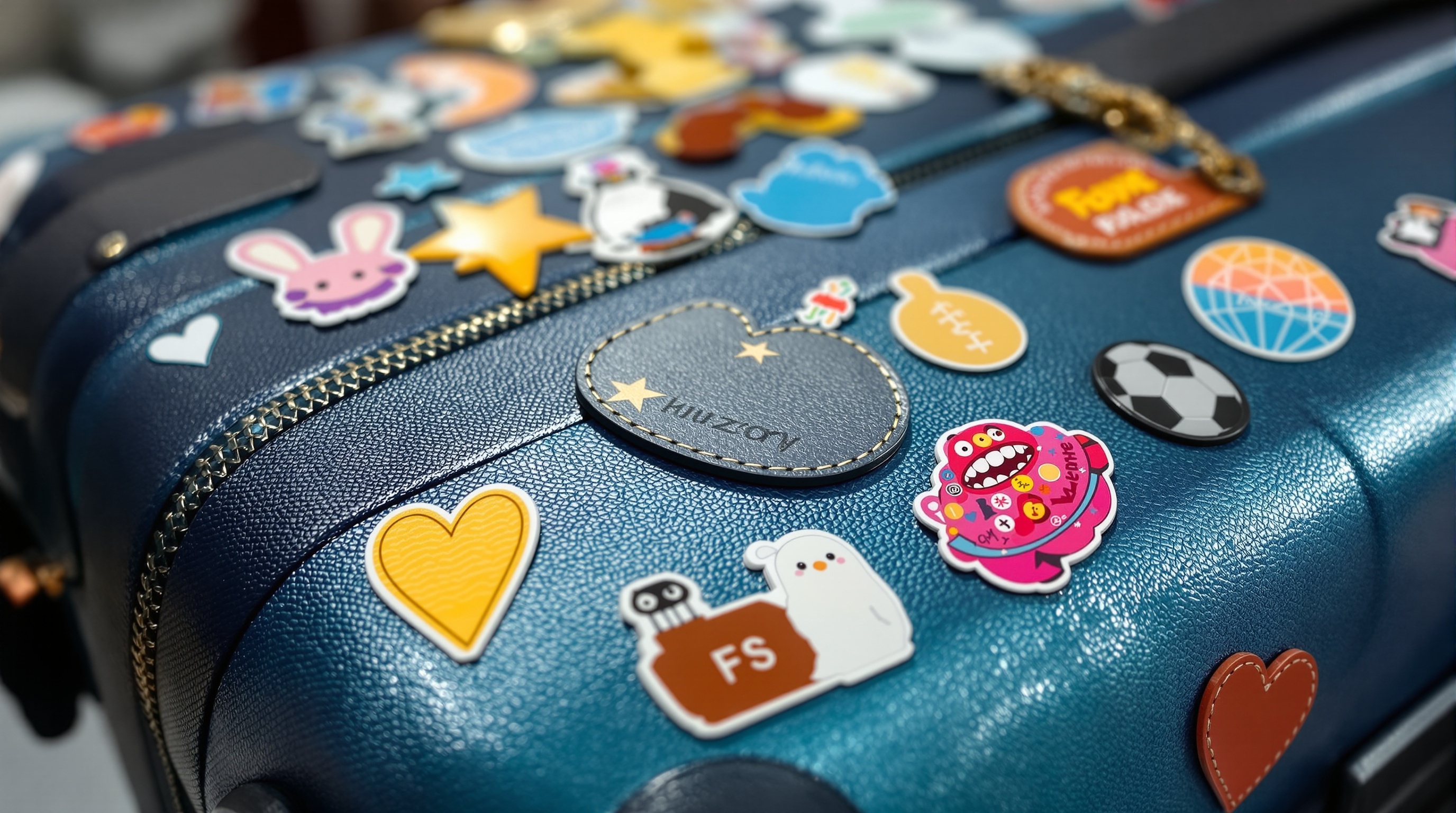 Valise bleue en cuir décorée de nombreux autocollants colorés représentant des objets, des animaux, des cœurs, un ballon de football, une étoile, un lapin et un monstre rose souriant.