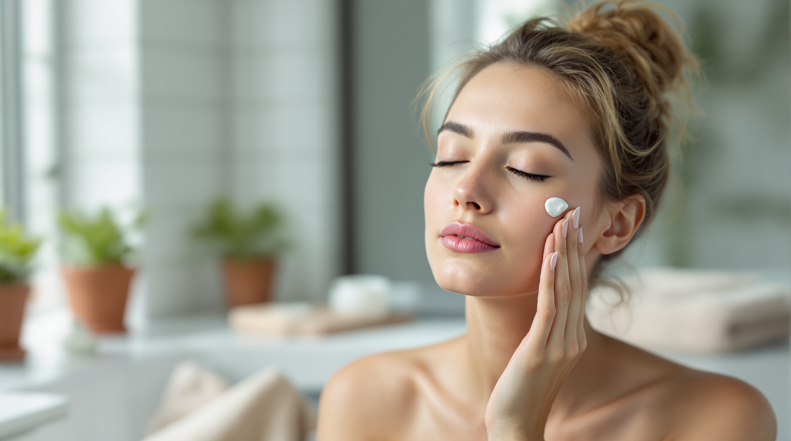 Femme appliquant de la crème hydratante sur son visage dans une salle de bain lumineuse.