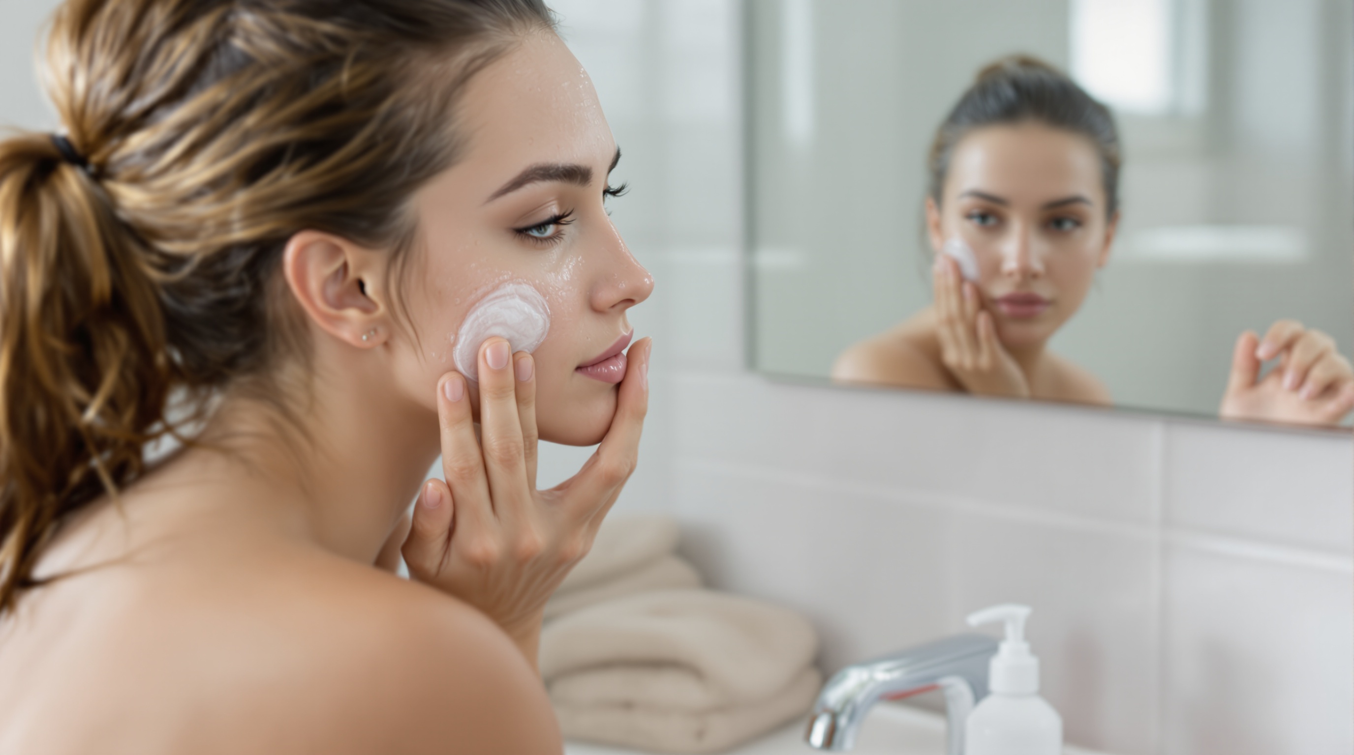 Femme appliquant une crème hydratante sur son visage devant un miroir dans une salle de bain.