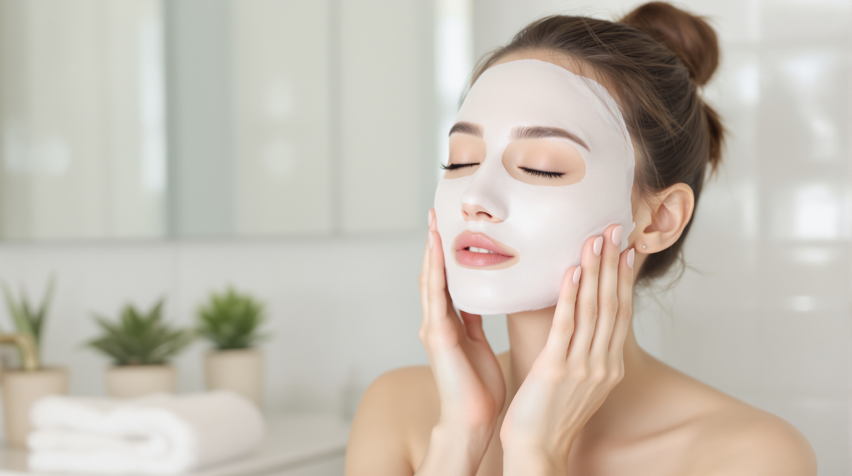 Femme appliquant un masque facial en tissu dans une salle de bain, les yeux fermés, profitant d'un moment de soin de la peau.