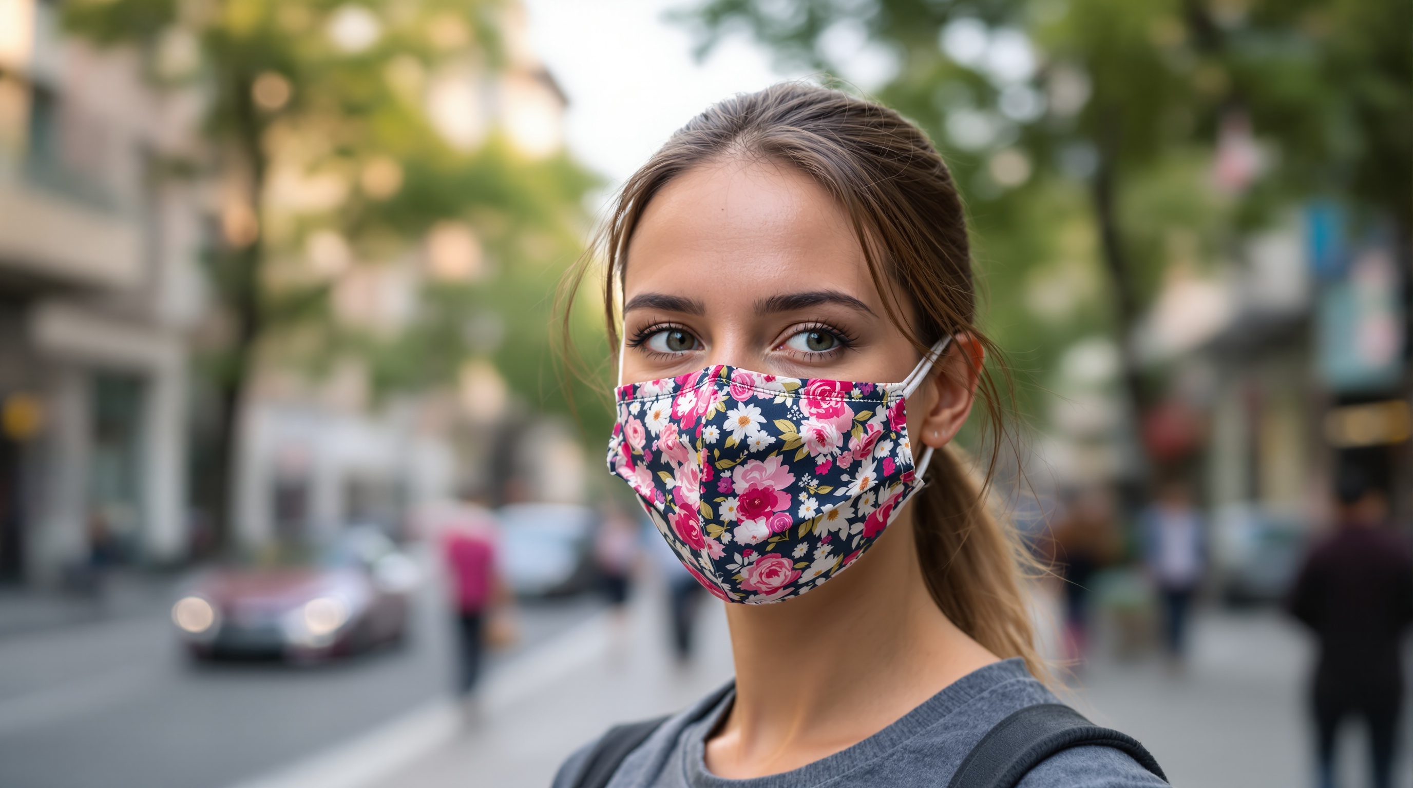 Jeune femme portant un masque facial à motifs floraux, debout dans une rue urbaine floue.