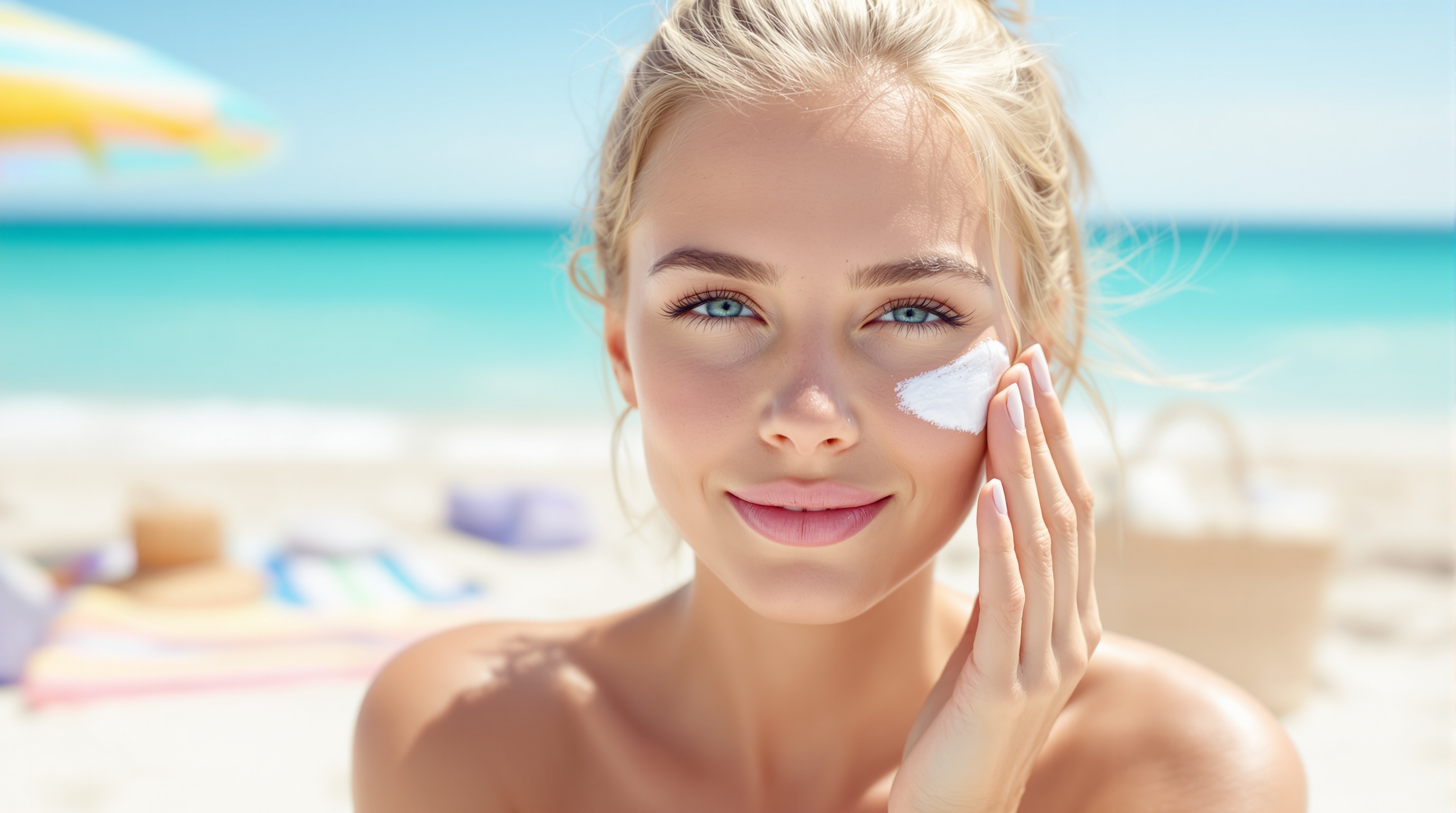 Jeune femme souriante appliquant de la crème solaire sur son visage à la plage, avec la mer et un parasol en arrière-plan.