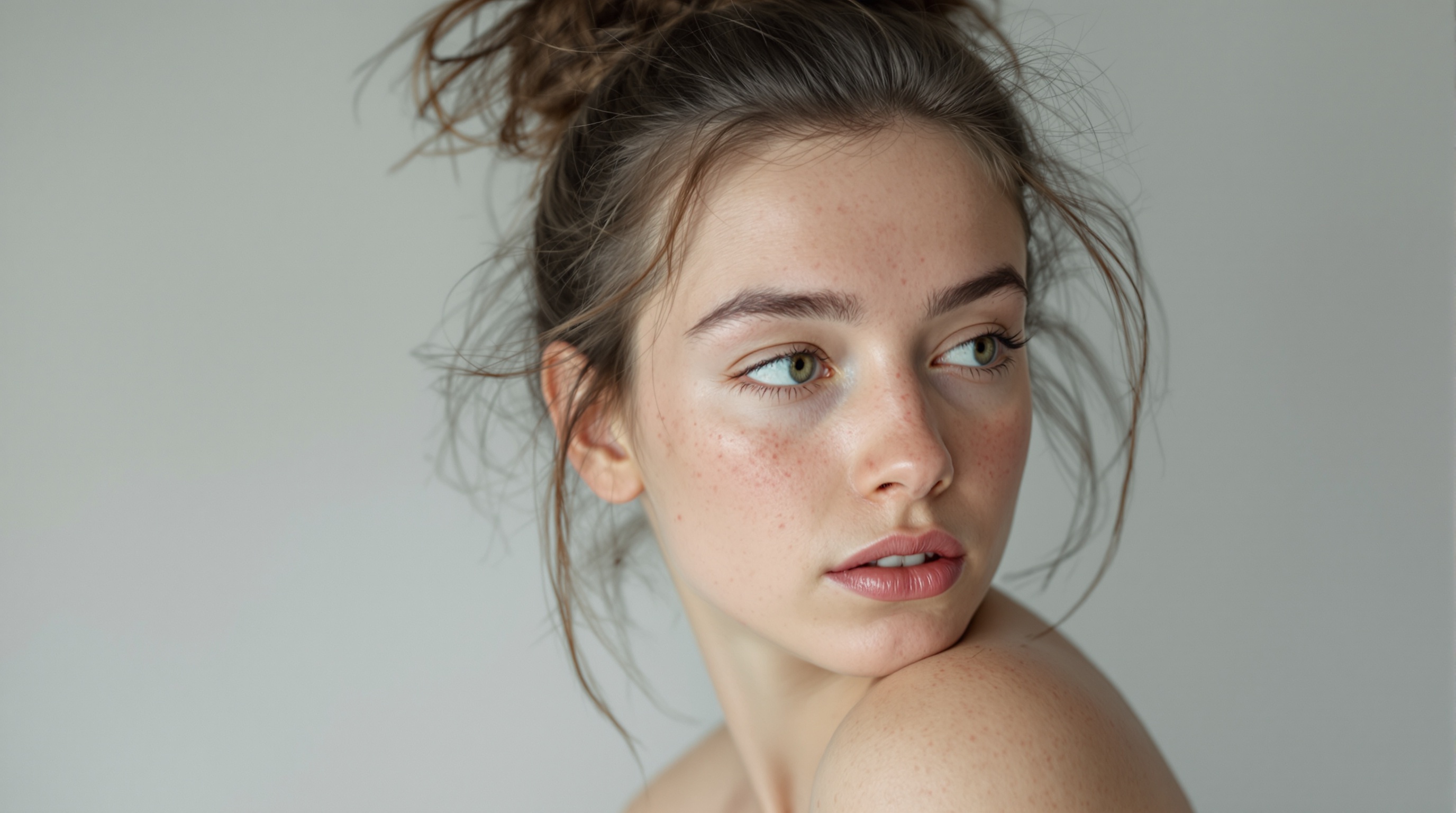 Portrait d'une jeune femme aux cheveux bruns attachés en chignon décoiffé, regardant sur le côté, avec une peau claire et des taches de rousseur, sur fond neutre.