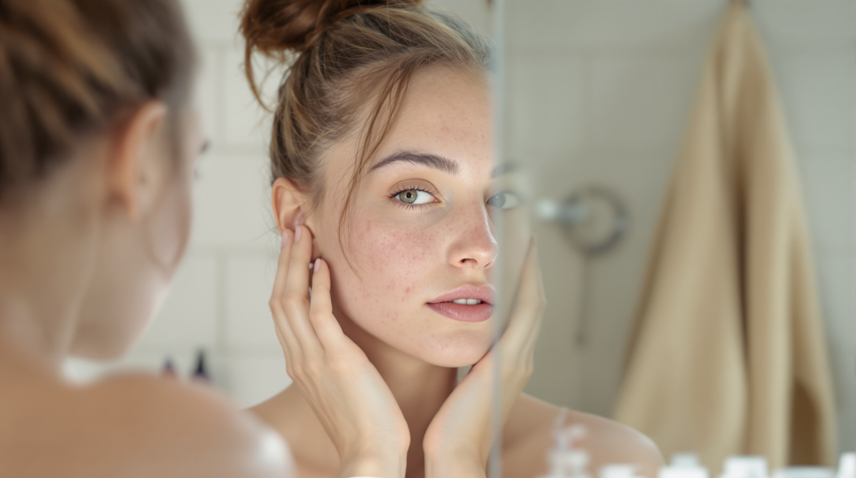 Une jeune femme aux cheveux relevés regarde son reflet dans le miroir de la salle de bain, en touchant son visage marqué par de l’acné légère et des rougeurs.