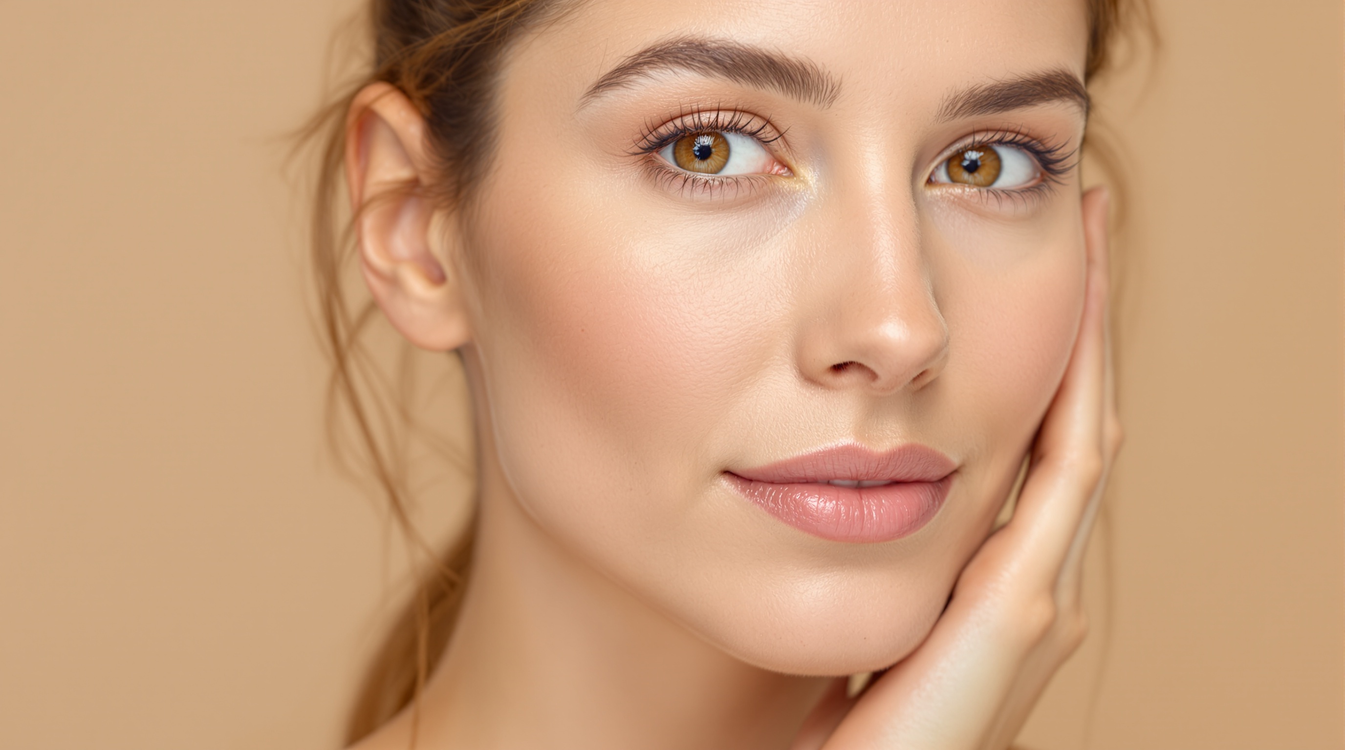 Femme au teint éclatant posant avec la main posée sur son visage, sur fond beige.