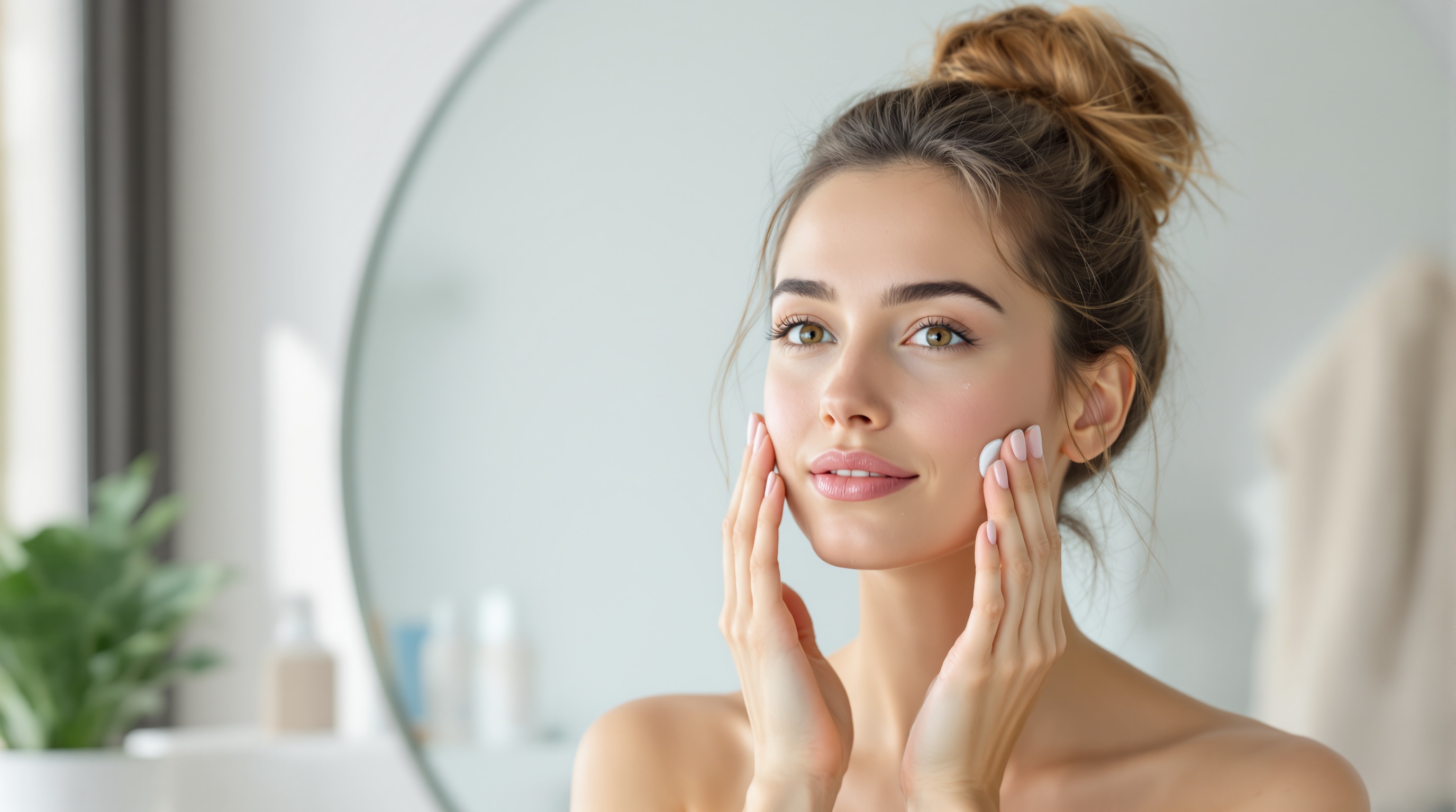 Jeune femme appliquant de la crème sur son visage devant un miroir dans une salle de bain lumineuse.