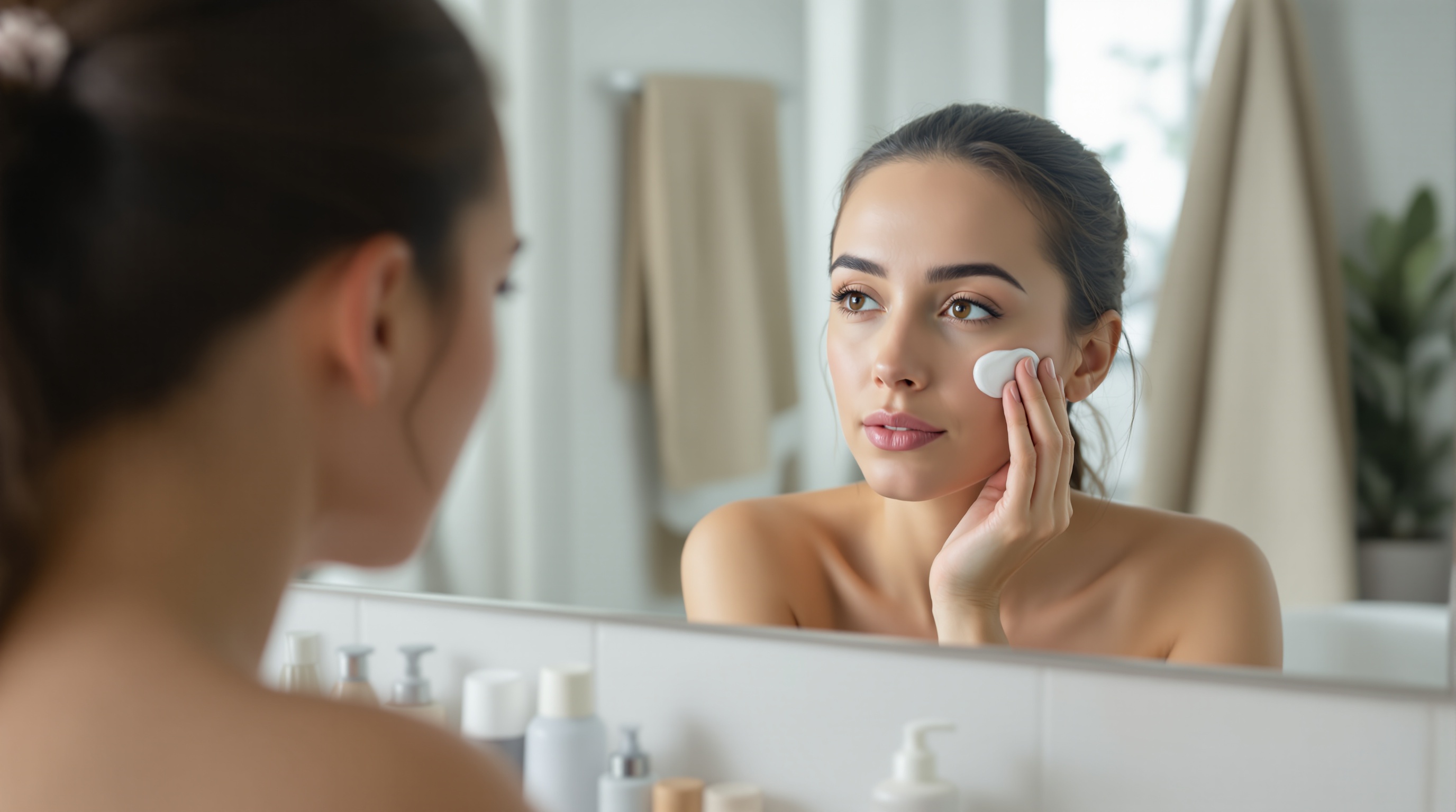 Femme devant un miroir appliquant un coton sur son visage dans une salle de bain.