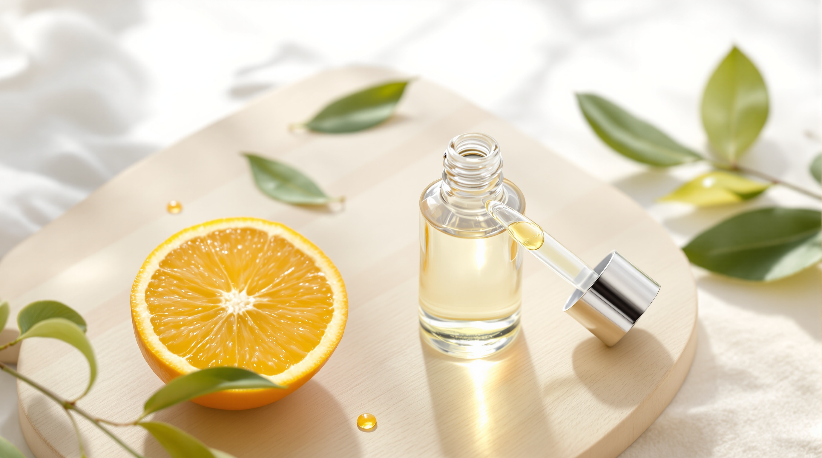 Flacon d’huile essentielle avec pipette, demi-orange fraîche et feuilles vertes sur une planche en bois.