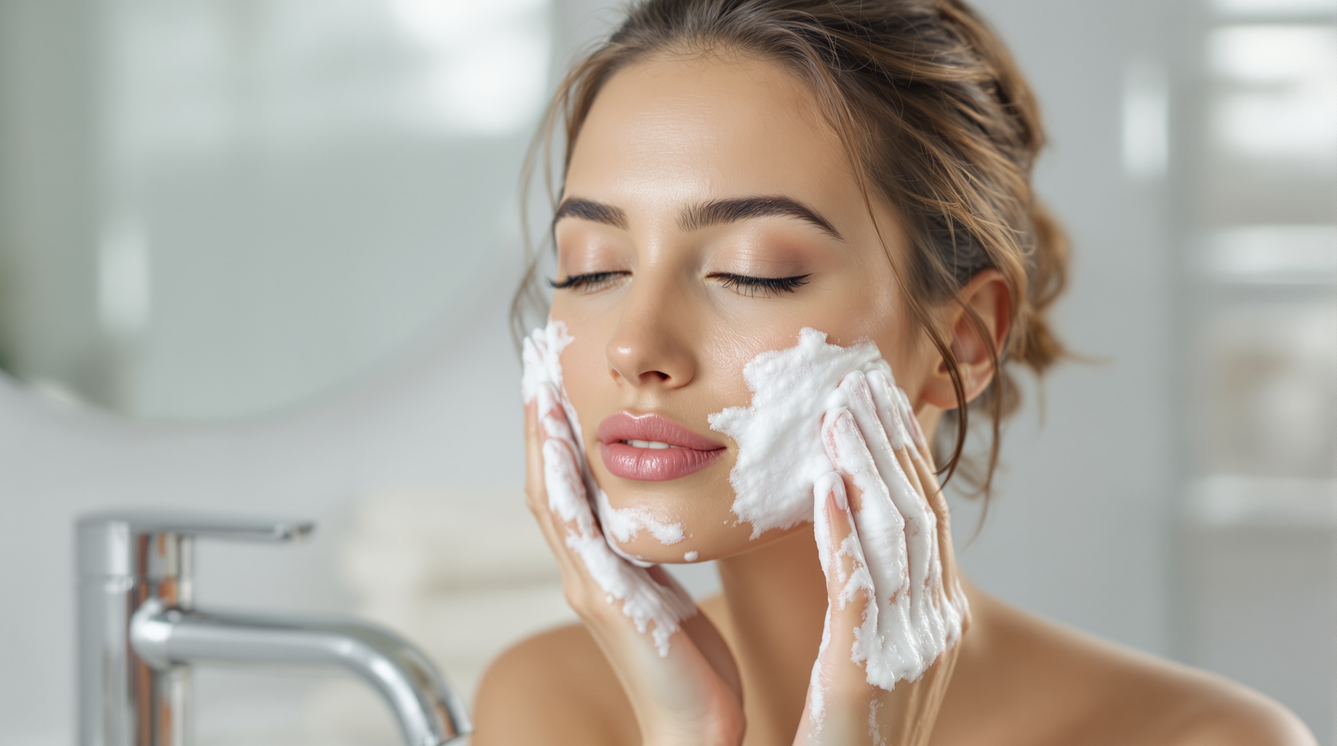 Femme nettoyant son visage avec un nettoyant moussant dans une salle de bain.