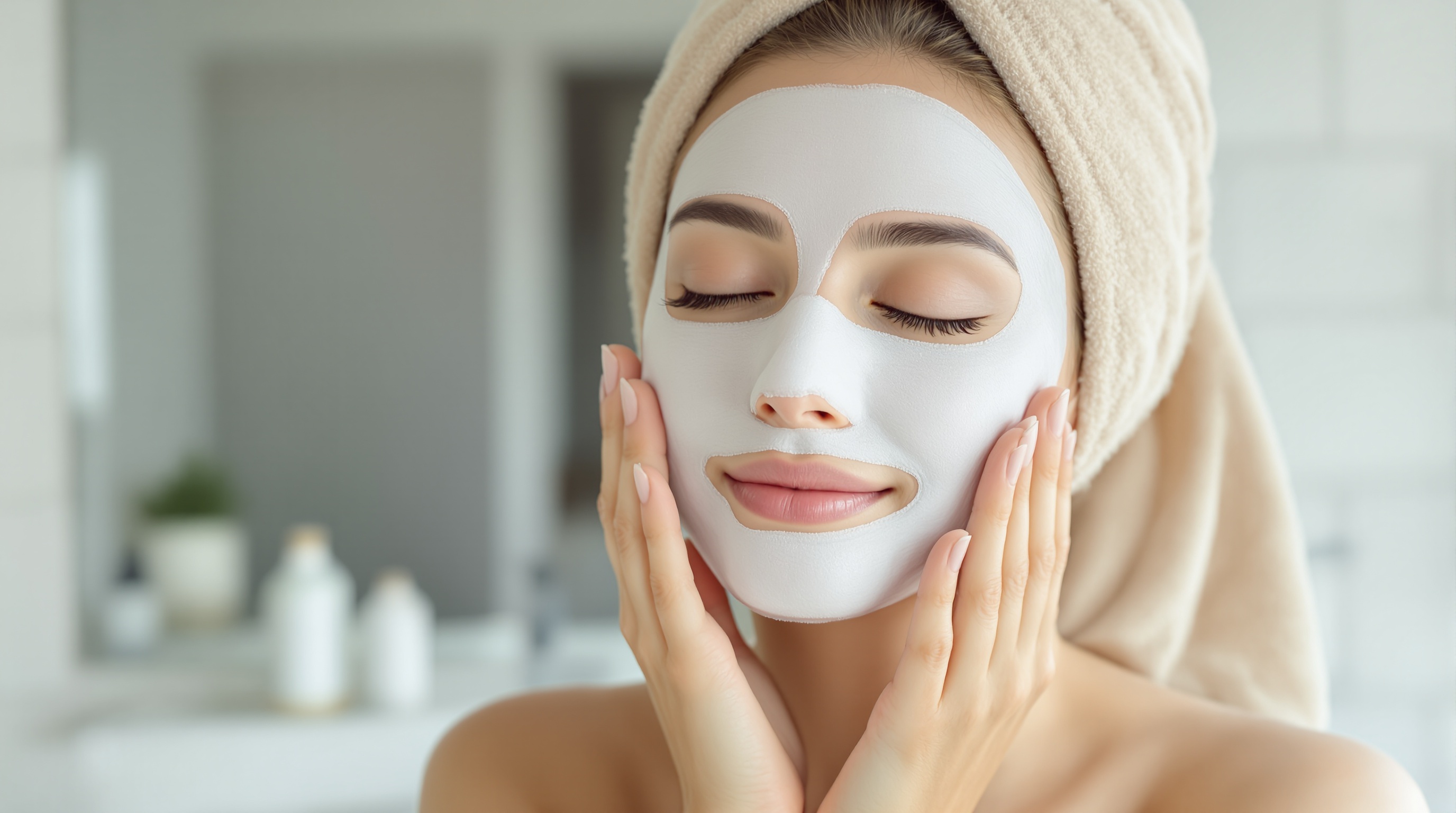 Femme avec une serviette sur la tête appliquant un masque facial en tissu, les yeux fermés, profitant d'un moment de soins dans une salle de bain.