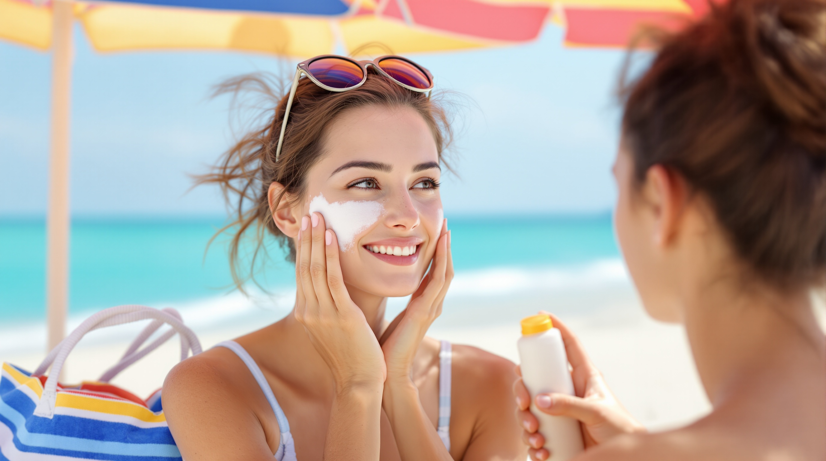Jeune femme souriante appliquant de la crème solaire sur son visage à la plage sous un parasol coloré, avec une mer turquoise en arrière-plan.