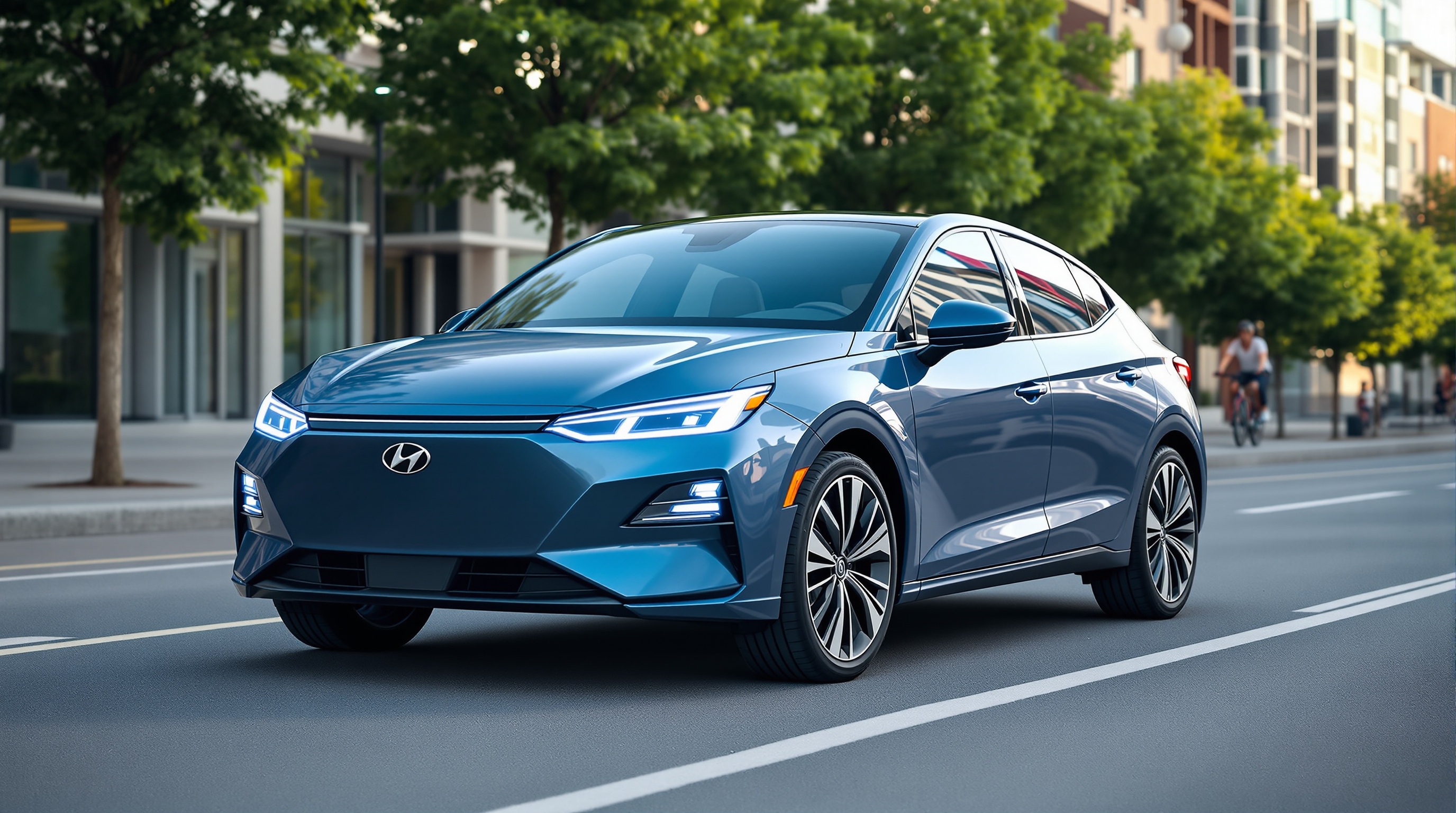 Voiture Hyundai bleue moderne roulant en ville sur une route bordée d’arbres et d’immeubles.