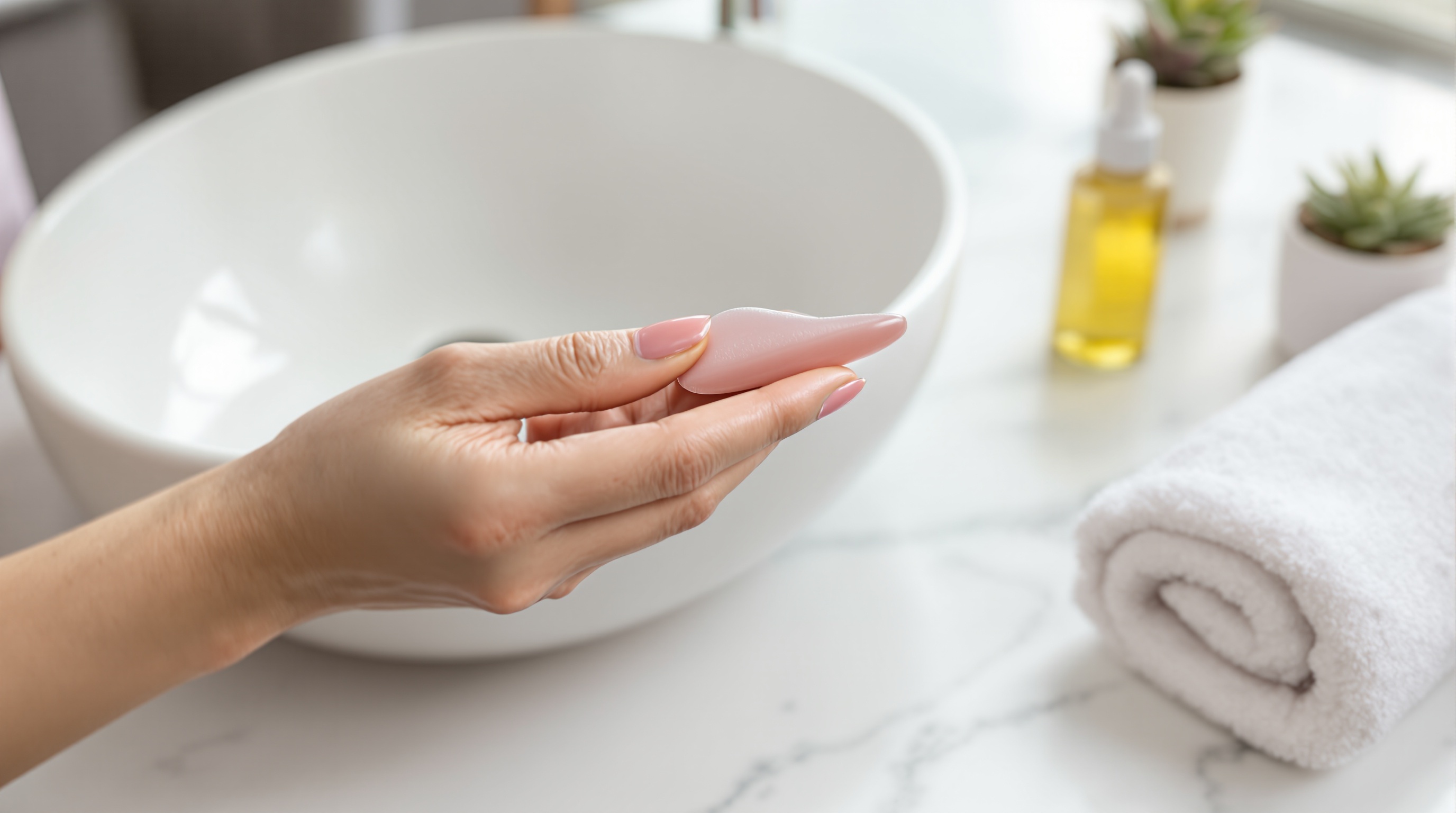 Main tenant un outil de massage gua sha rose devant un lavabo de salle de bain, avec une serviette, une bouteille d'huile et des plantes en arrière-plan.